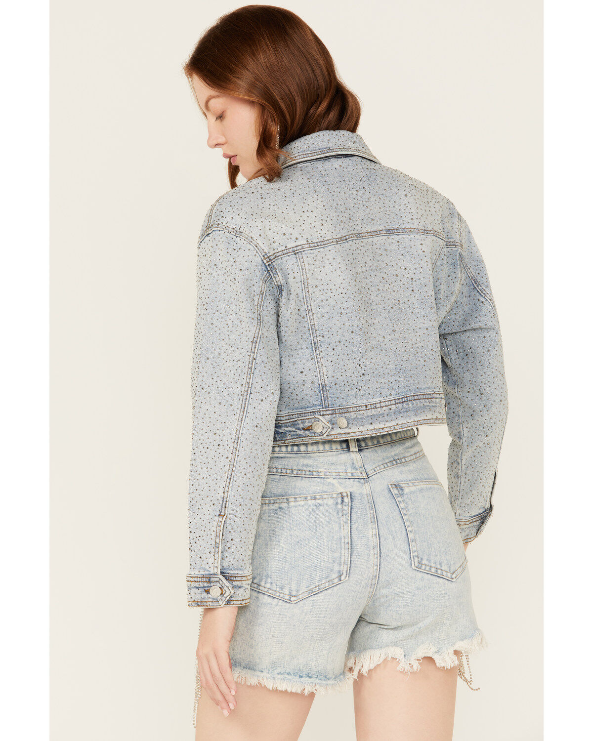 Vibrant Denim Women's Light Wash Rhinestone Cropped Denim Trucker Jacket