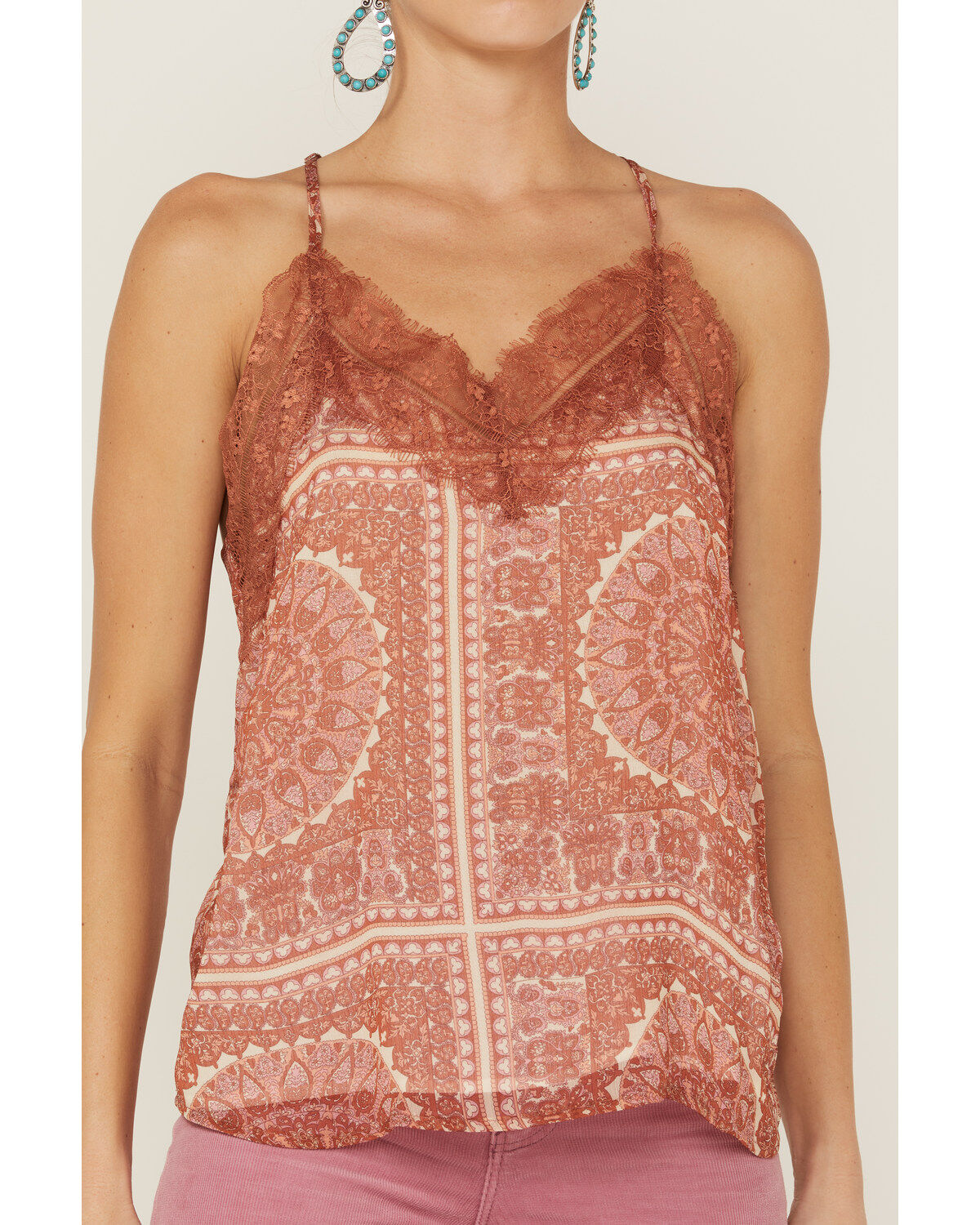 Miss Me Women's Medallion Print Lace Trim Cami