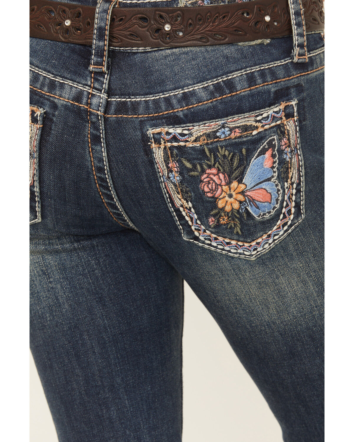 Grace in LA Girls' Medium Wash Floral Butterfly Pocket Bootcut Stretch Denim Jeans