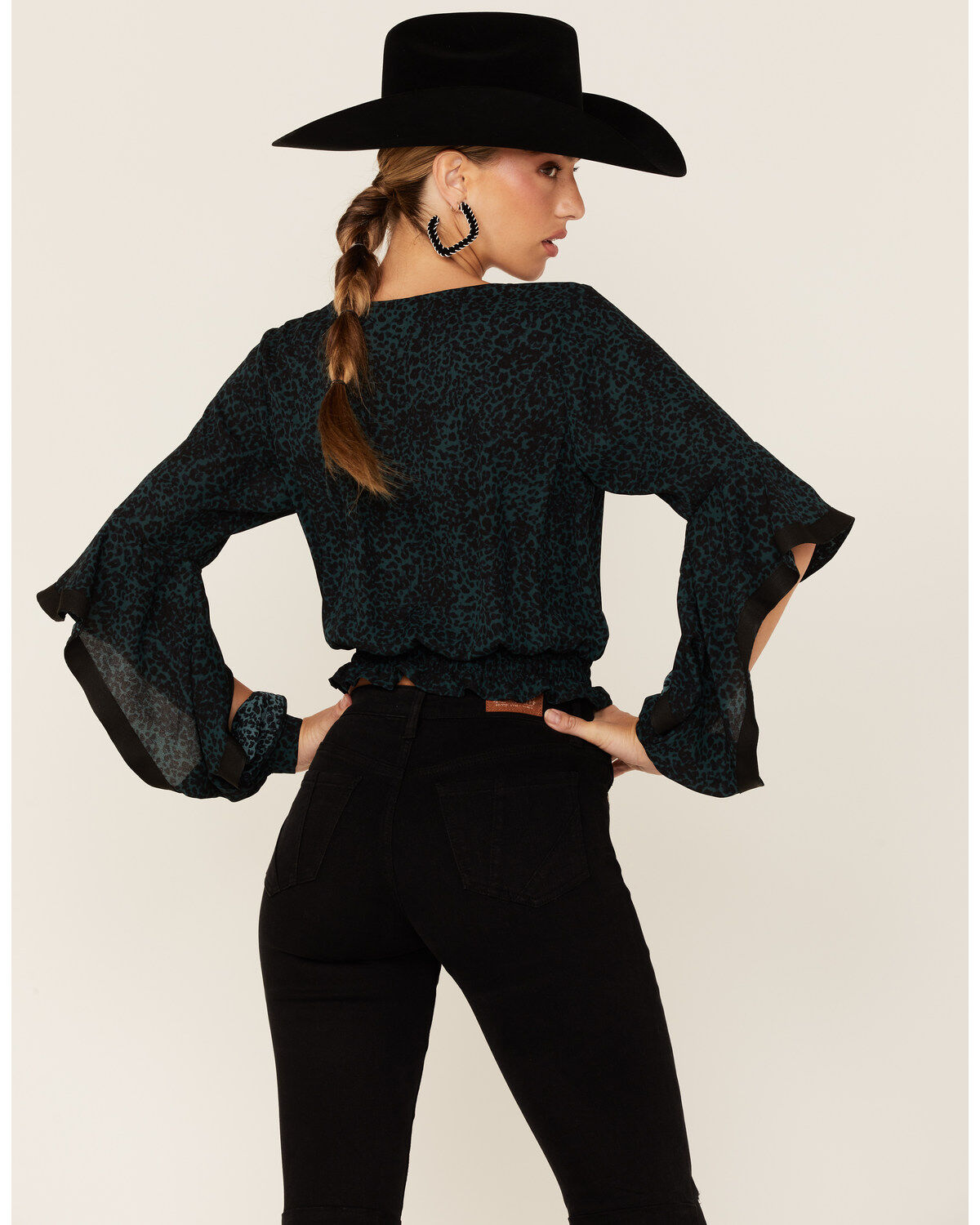 Shyanne Women's Dark Green Animal Print Bell Sleeve Crop Top