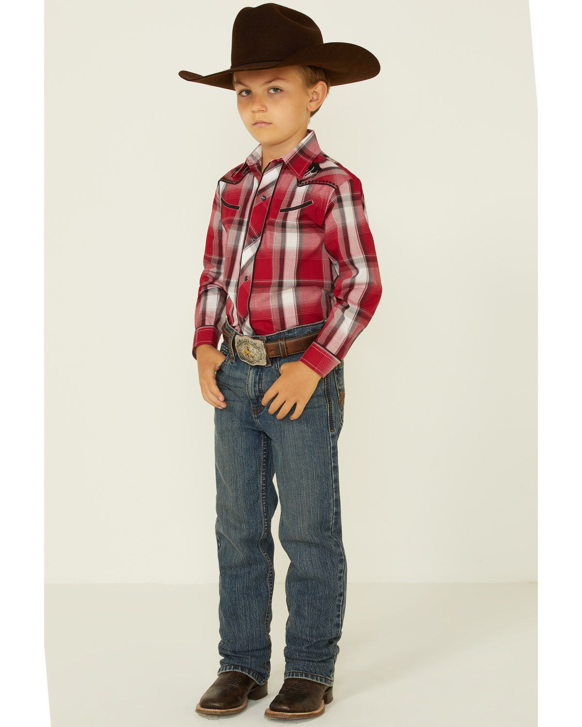 Roper Boys' Plaid Print Embroidered Bull Yoke Long Sleeve Snap Western Shirt