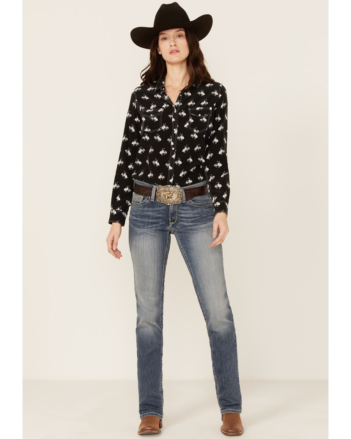 RRR Women's Bucking Horse Print Long Sleeve Snap Western Shirt