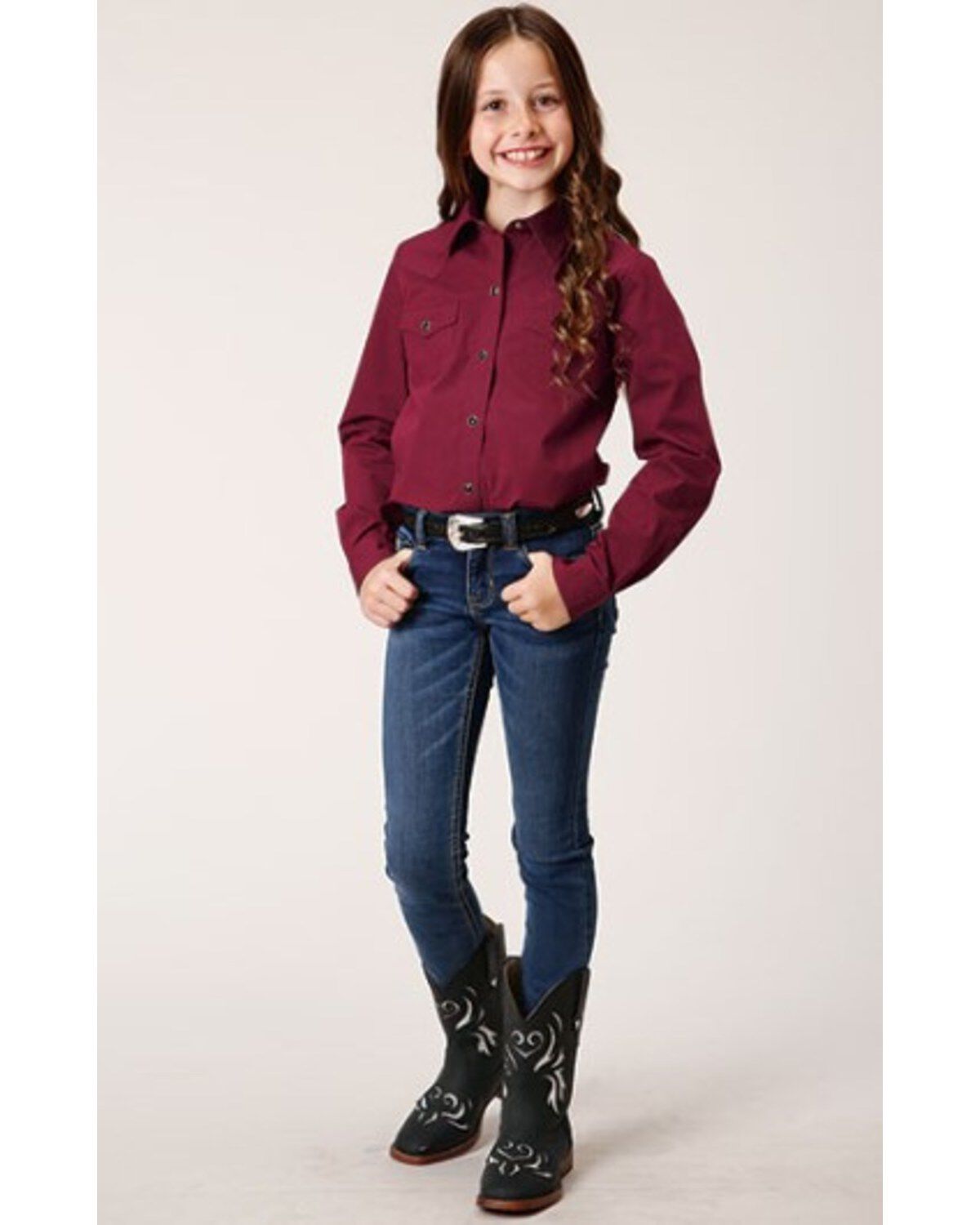 Roper Girls' Ruby Falls Solid Long Sleeve Snap Western Shirt