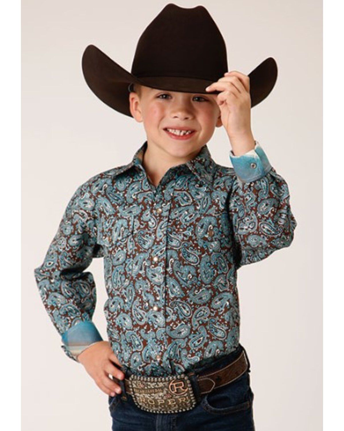 Roper Boys' Paisley Print Long Sleeve Pearl Snap Western Shirt