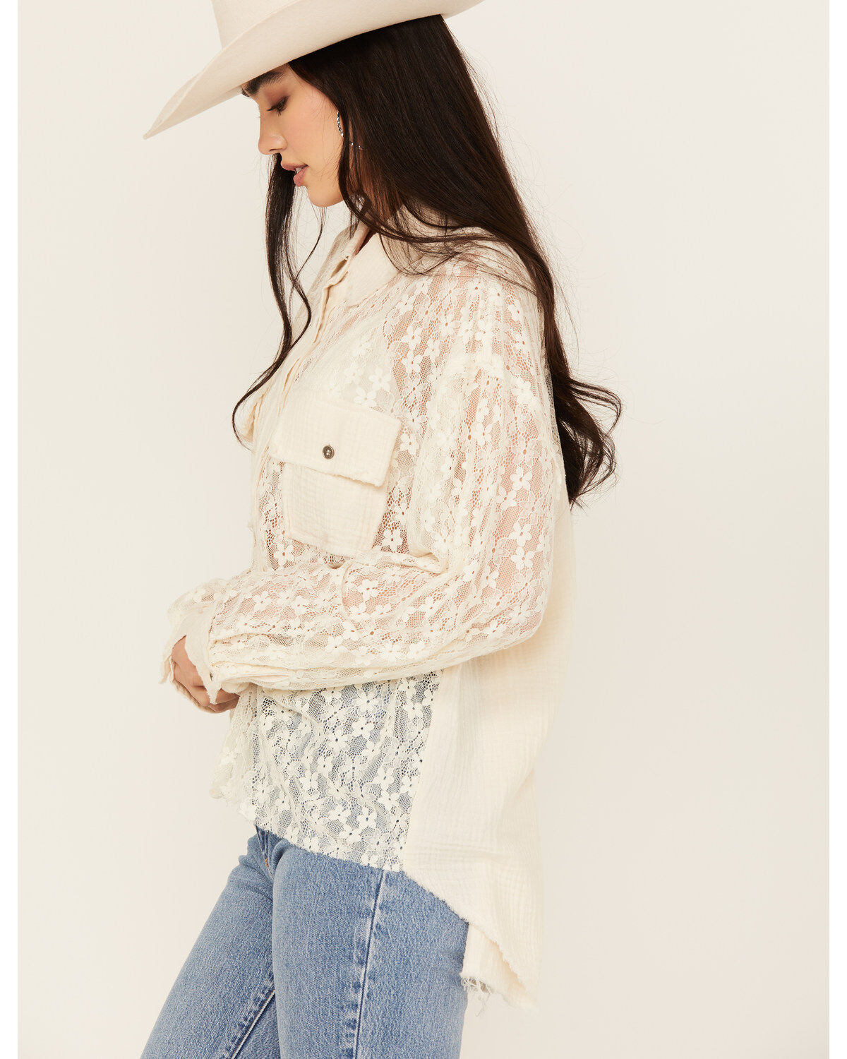 People of Leisure Women's Floral Lace Long Sleeve Button-Down Shirt