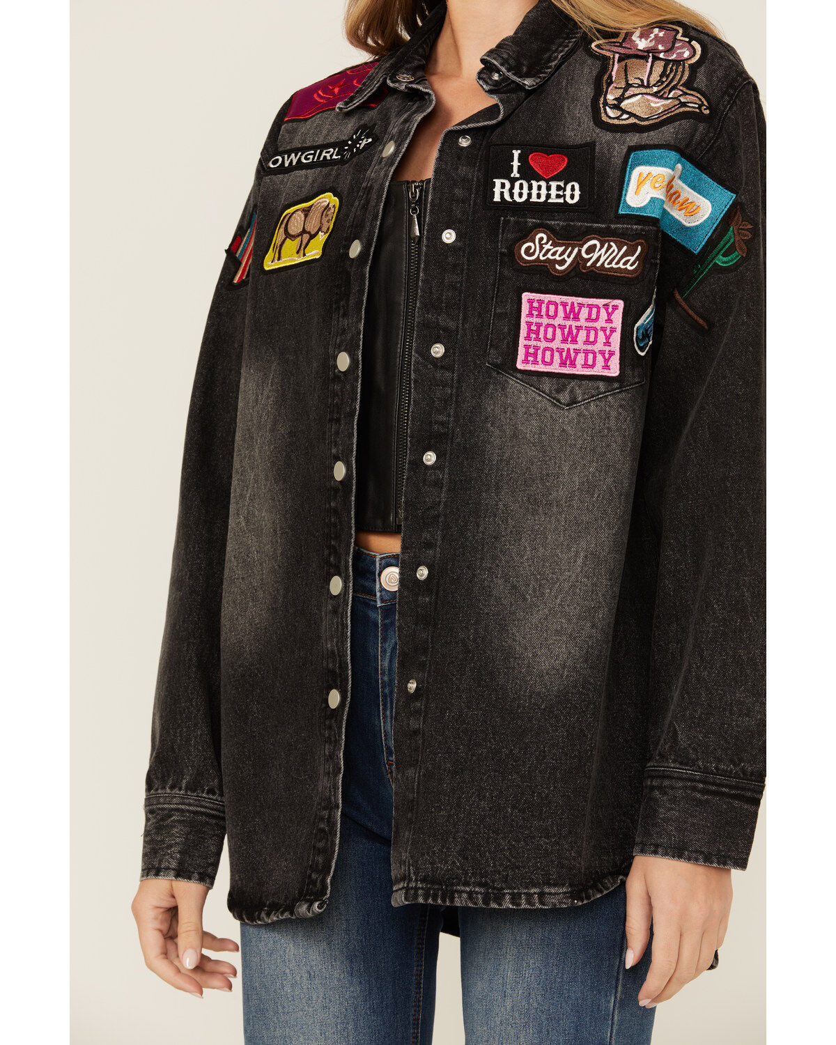 Blue B Women's Dark Wash Western Patchwork Snap Shacket