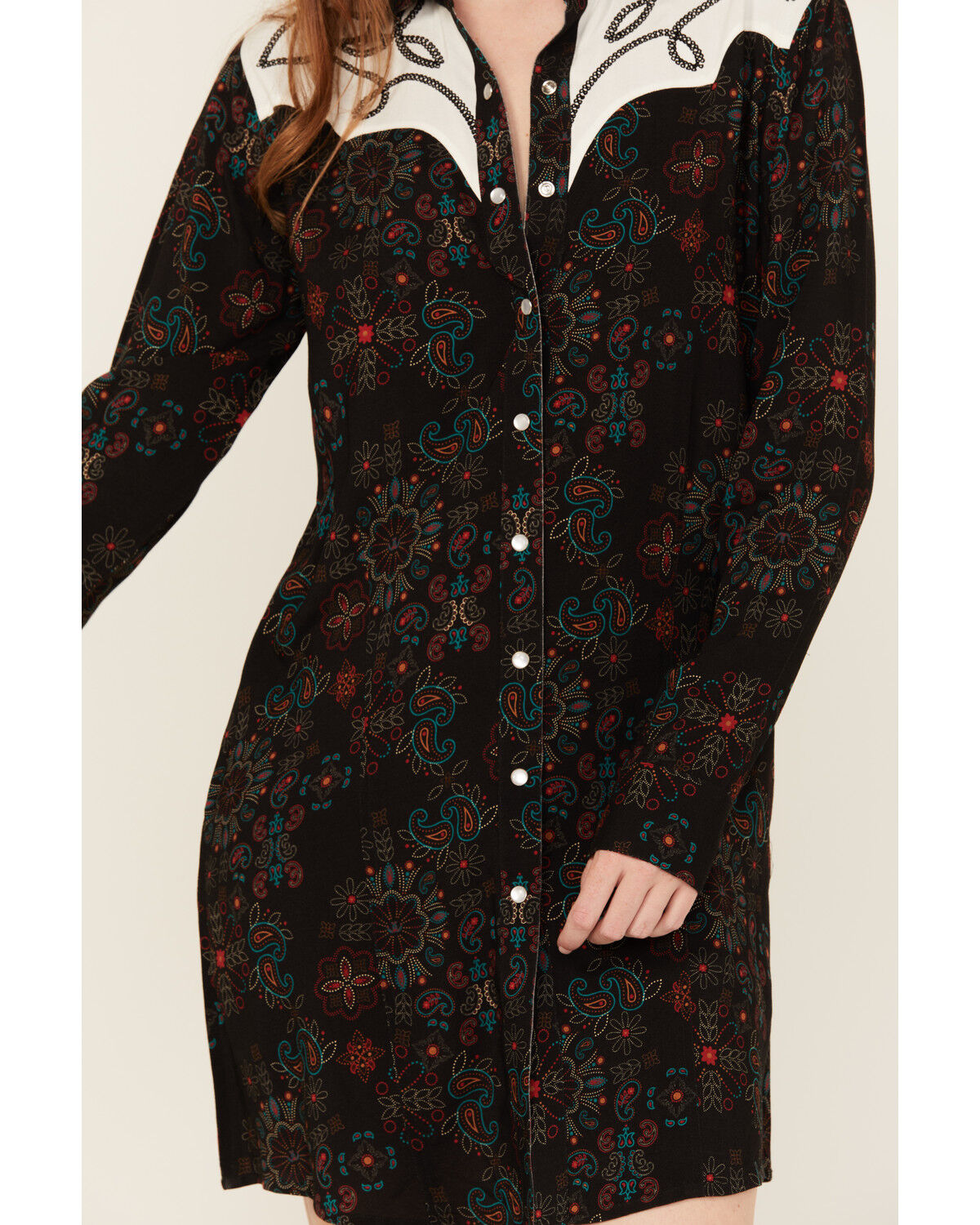 Panhandle Women's Floral Print Embroidered Long Sleeve Snap Western Mini Dress