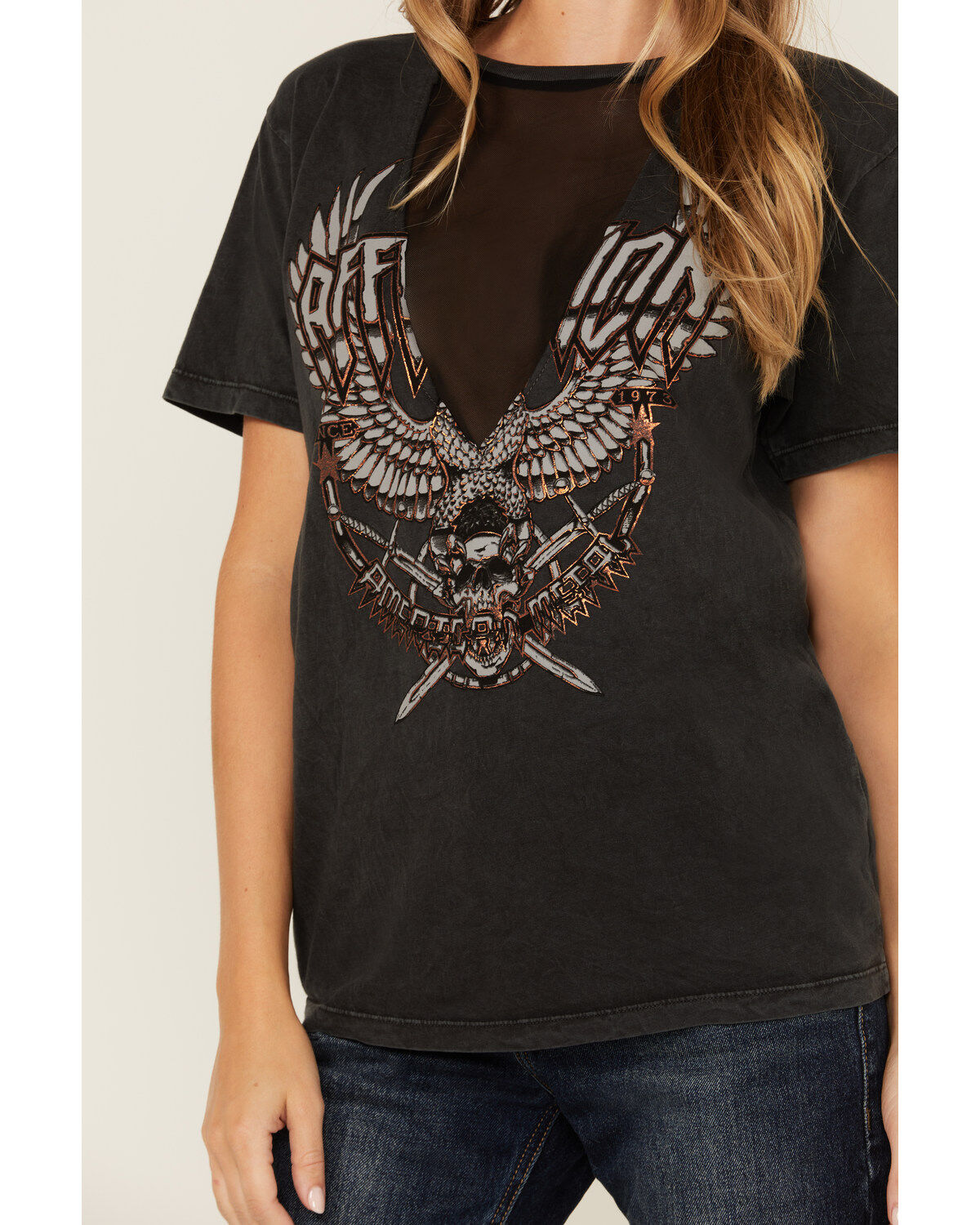 Affliction Women's Deep V Mesh Insert Short Sleeve Graphic Tee