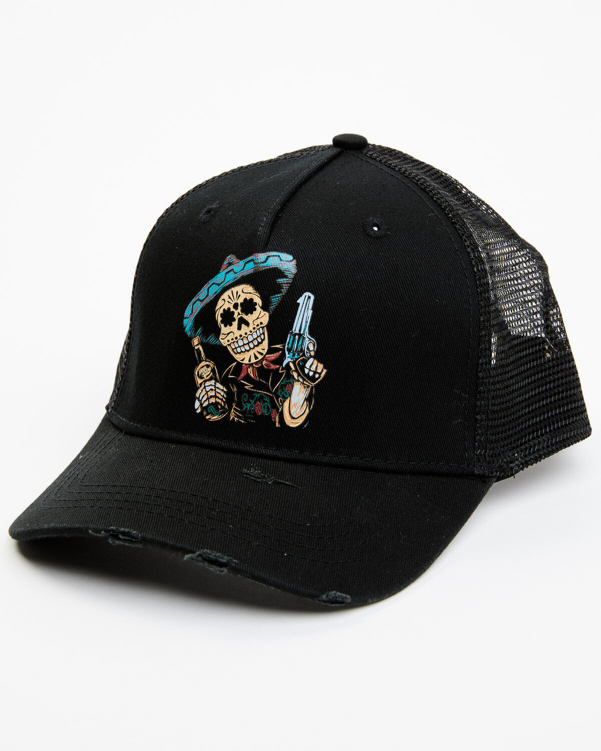 Moonshine Spirit Men's Distressed Whiskey Sombrero Skull Pistol Graphic Mesh Back Ball Cap