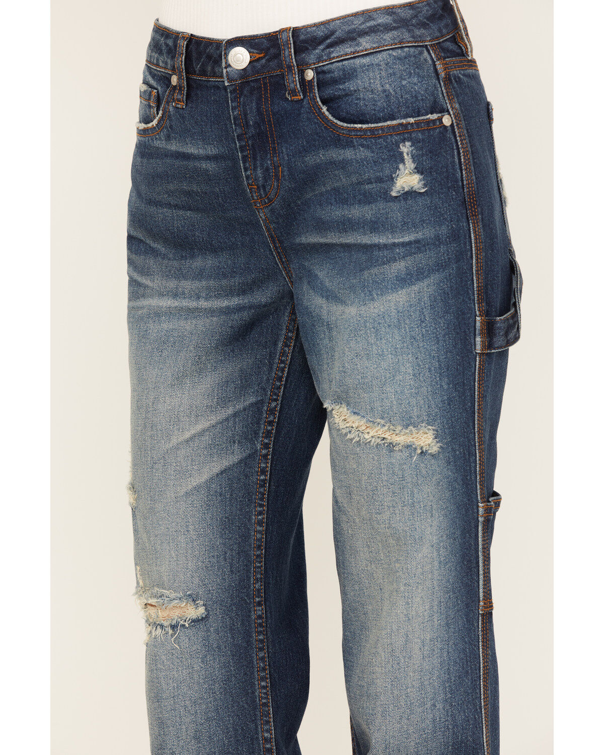 Cleo + Wolf Women's Medium Wash Mid Rise Distressed Cargo Straight Jeans