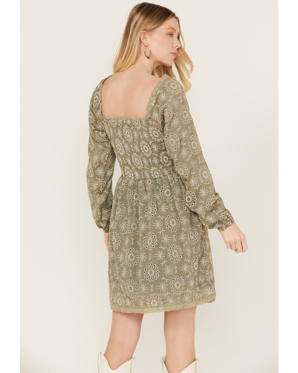 Wild Moss Women's Mineral Wash Smocked Long Sleeve Mini Dress