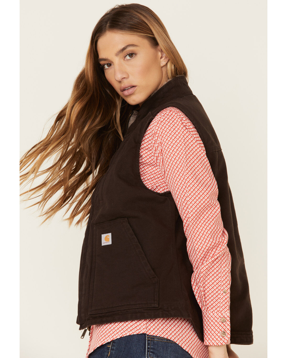 Carhartt Women's Dark Brown Washed Duck Sherpa Lined Vest