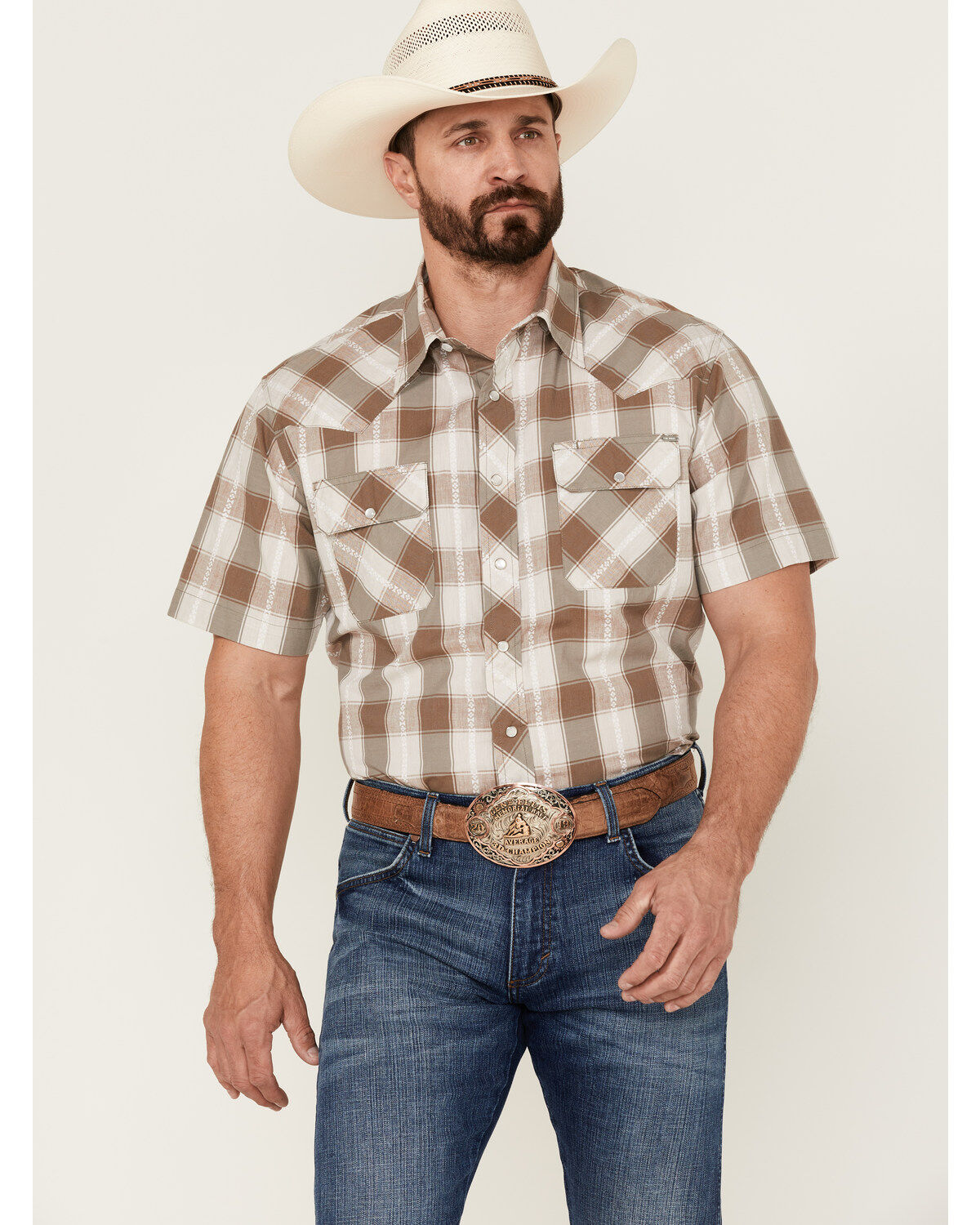 Tin Haul Men's Buffalo Dobby Large Plaid Short Sleeve Pearl Snap Western Shirt