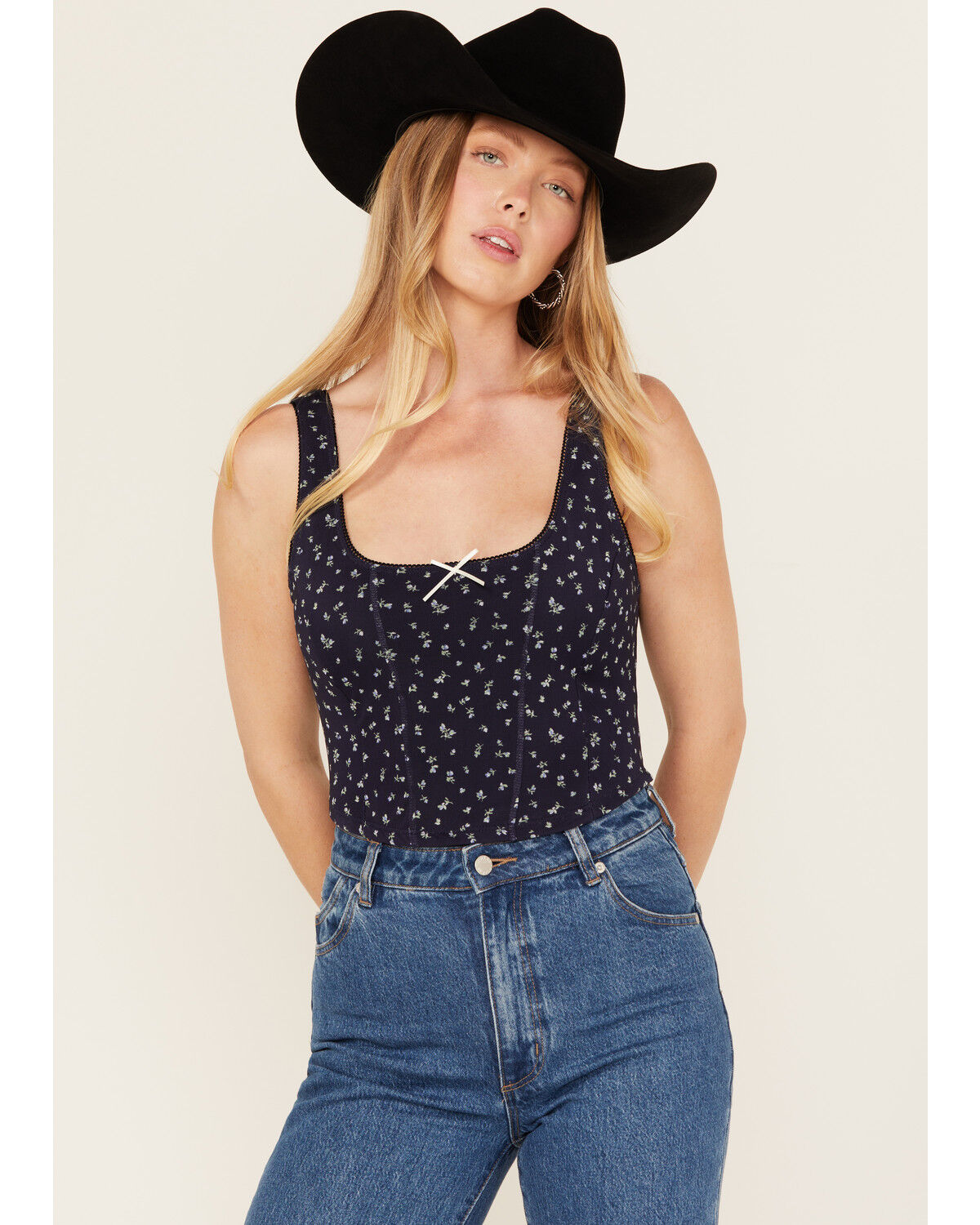 Originality Women's Floral Print Eyelet Cropped Corset Top