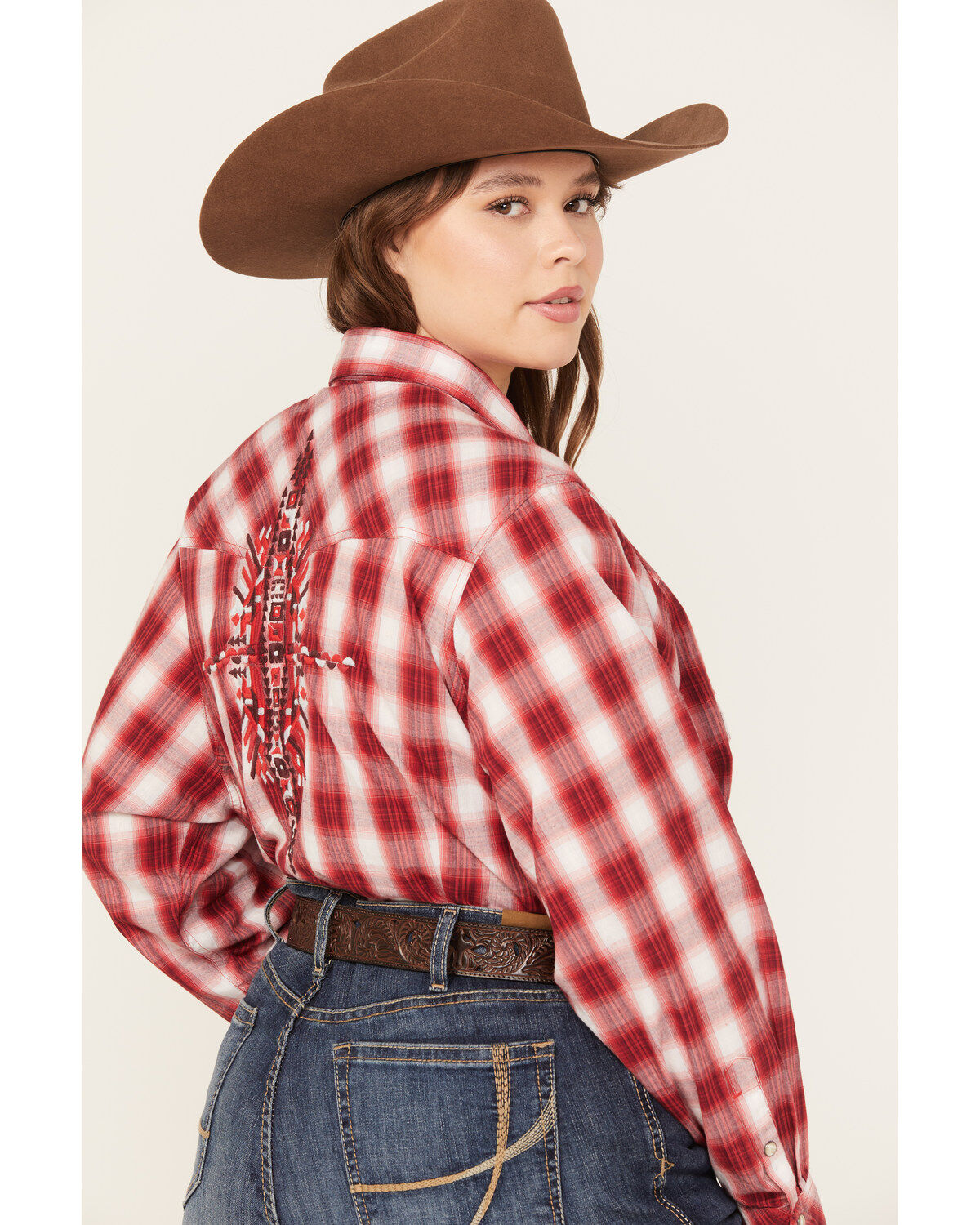 Ariat Women's R.E.A.L. Embroidered Plaid Print Long Sleeve Western Pearl Snap Shirt - Plus