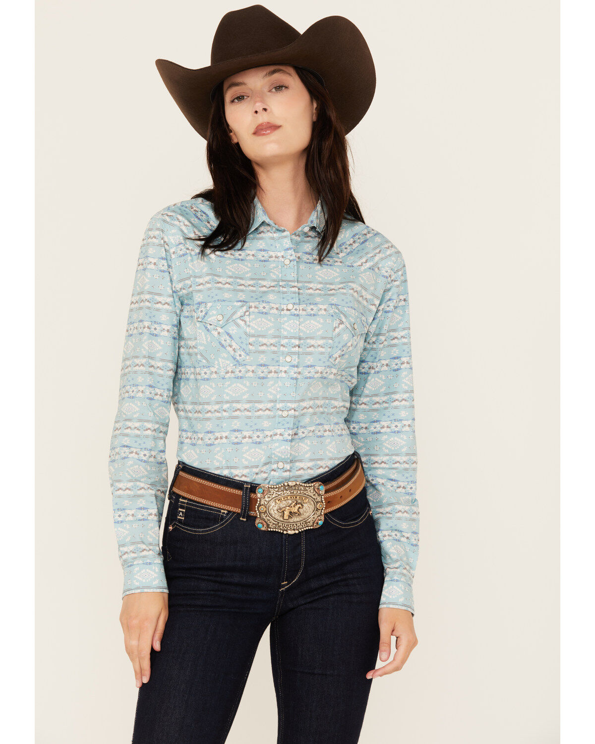Rough Stock Women's Southwestern Print Long Sleeve Pearl Snap Stretch Western Shirt