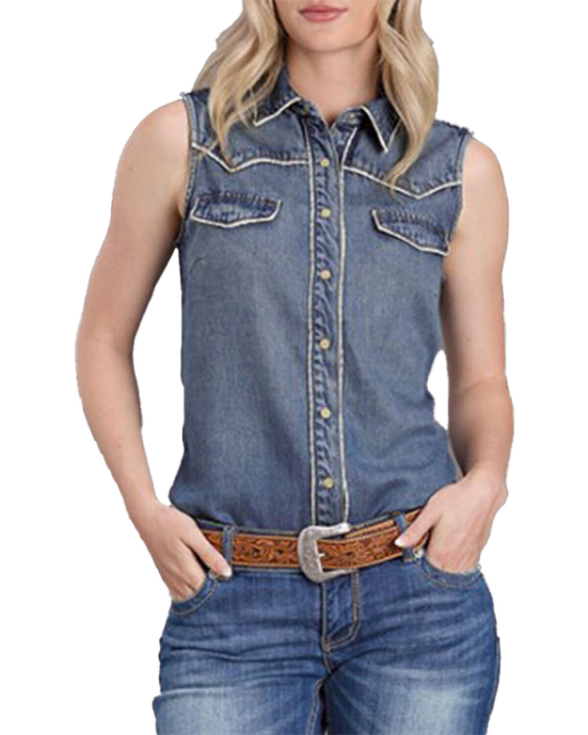 Stetson Women's Medium Wash Sleeveless Snap Denim Shirt