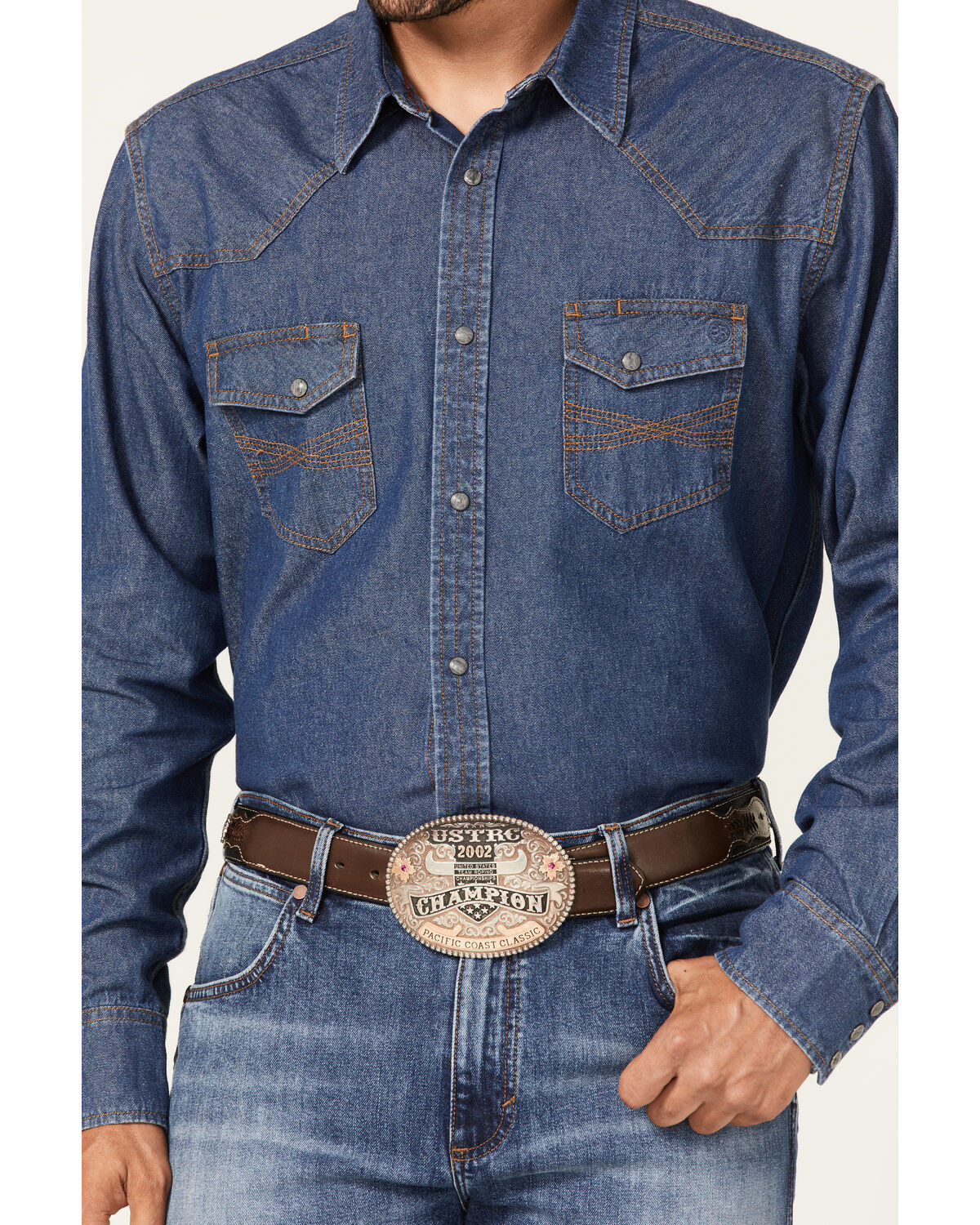 Blue Ranchwear Men's Medium Wash Long Sleeve Snap Western Denim Shirt