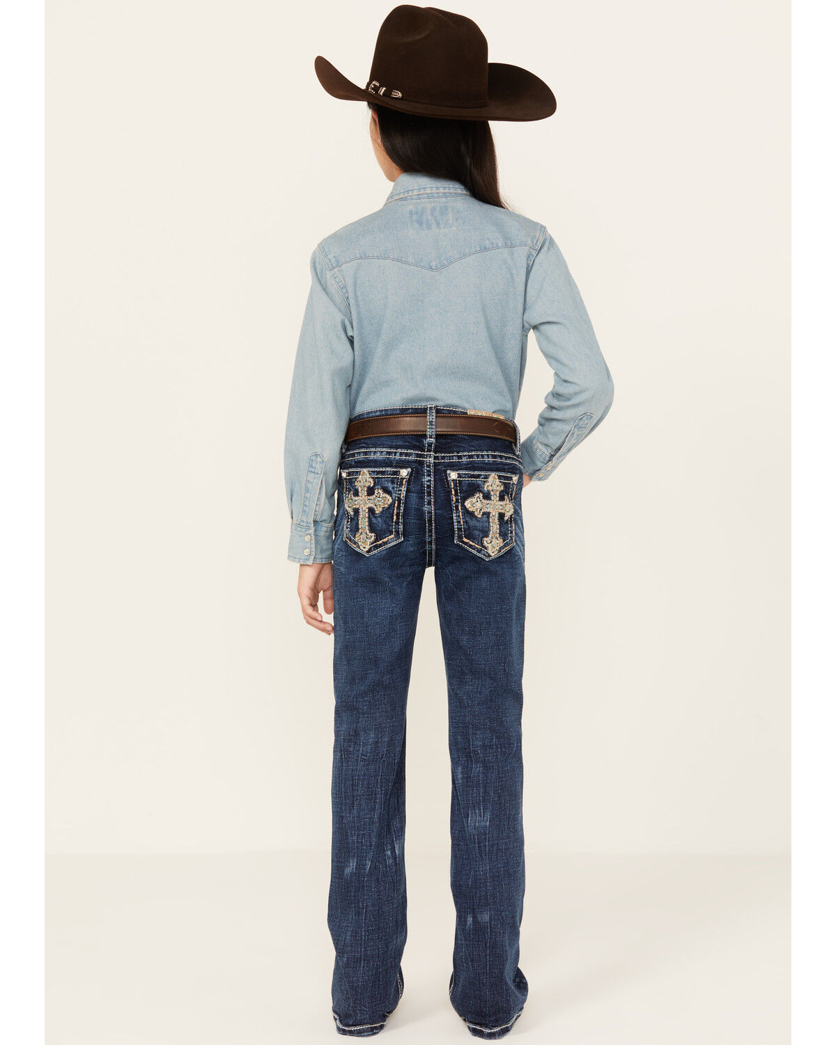 Miss Me Girls' Medium Wash Cross Embroidered Stretch Bootcut Jeans