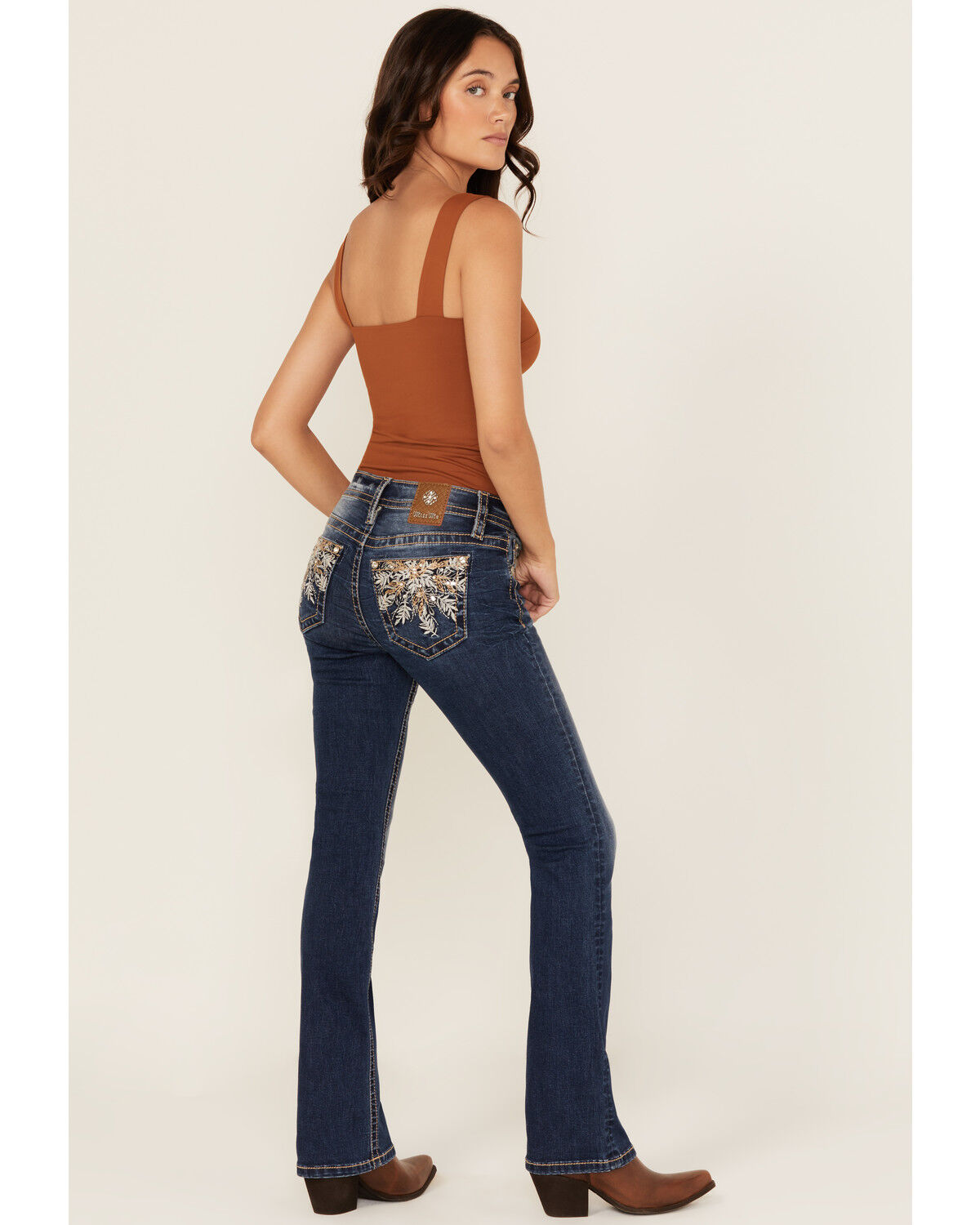 Miss Me Women's Dark Wash Mid Rise Leaf Pocket Bootcut Stretch Denim Jeans