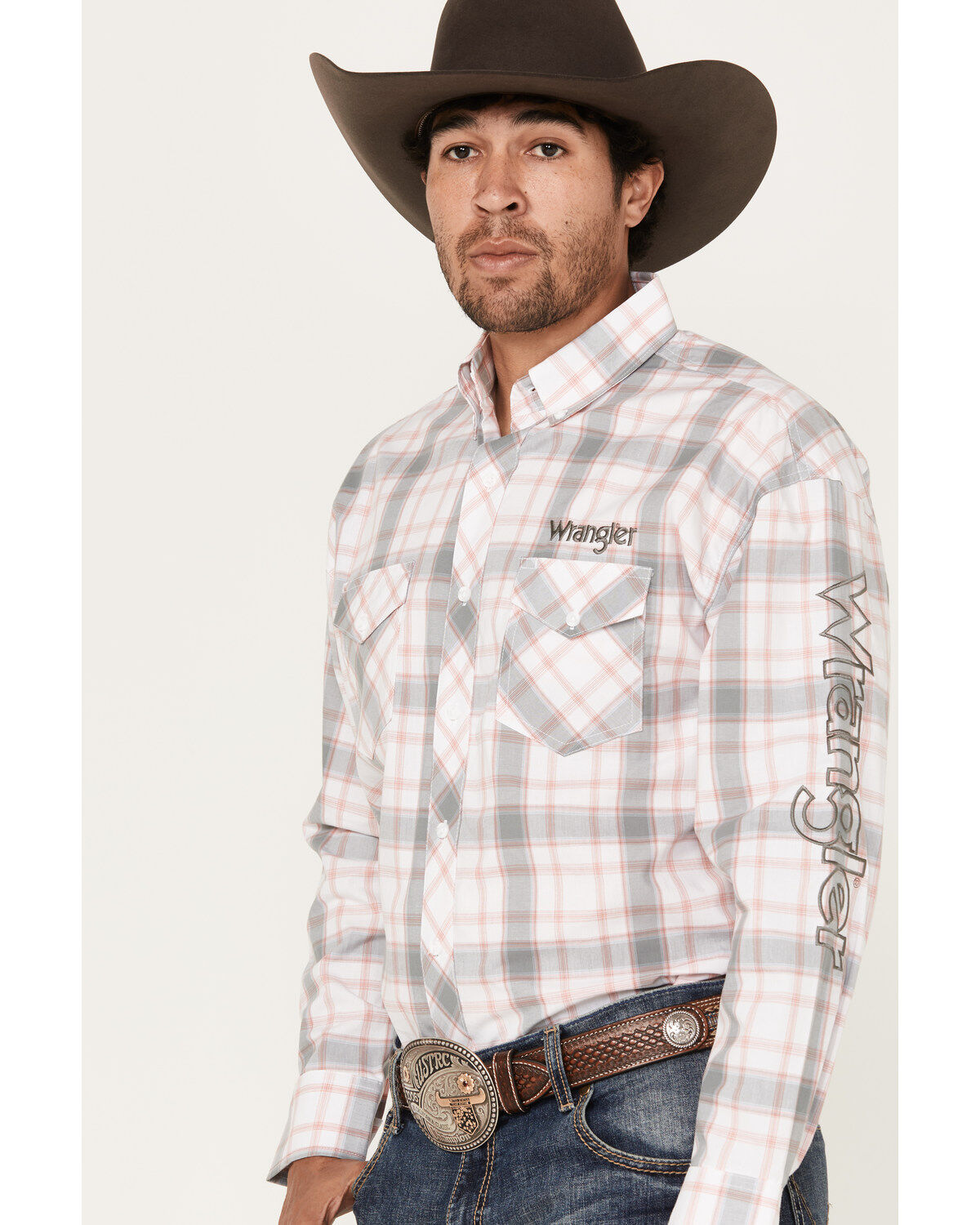 Wrangler Men's Logo Plaid Print Long Sleeve Button-Down Western Shirt
