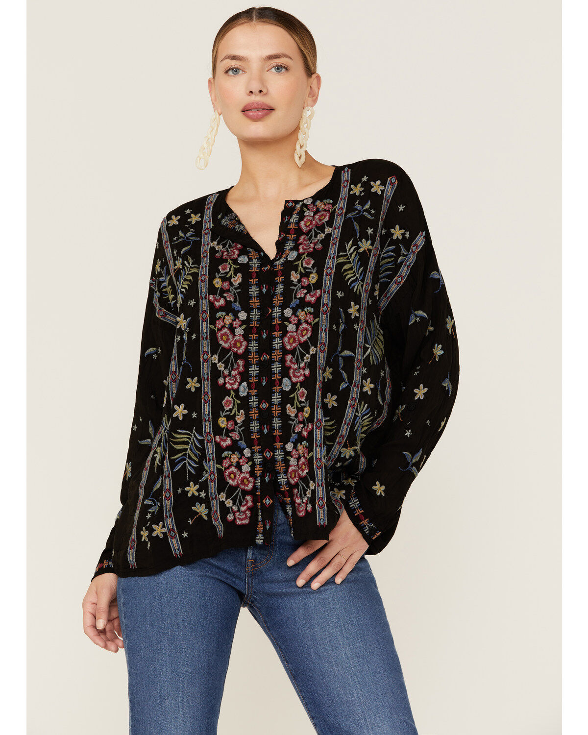 Johnny Was Women's Garden Embroidered Stripe Blouse