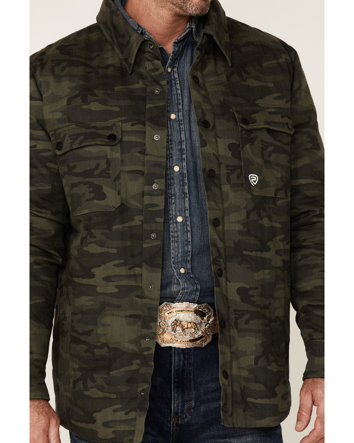 Rock & Roll Denim Men's Camo Print Twill Puffer Snap-Down Shirt Jacket
