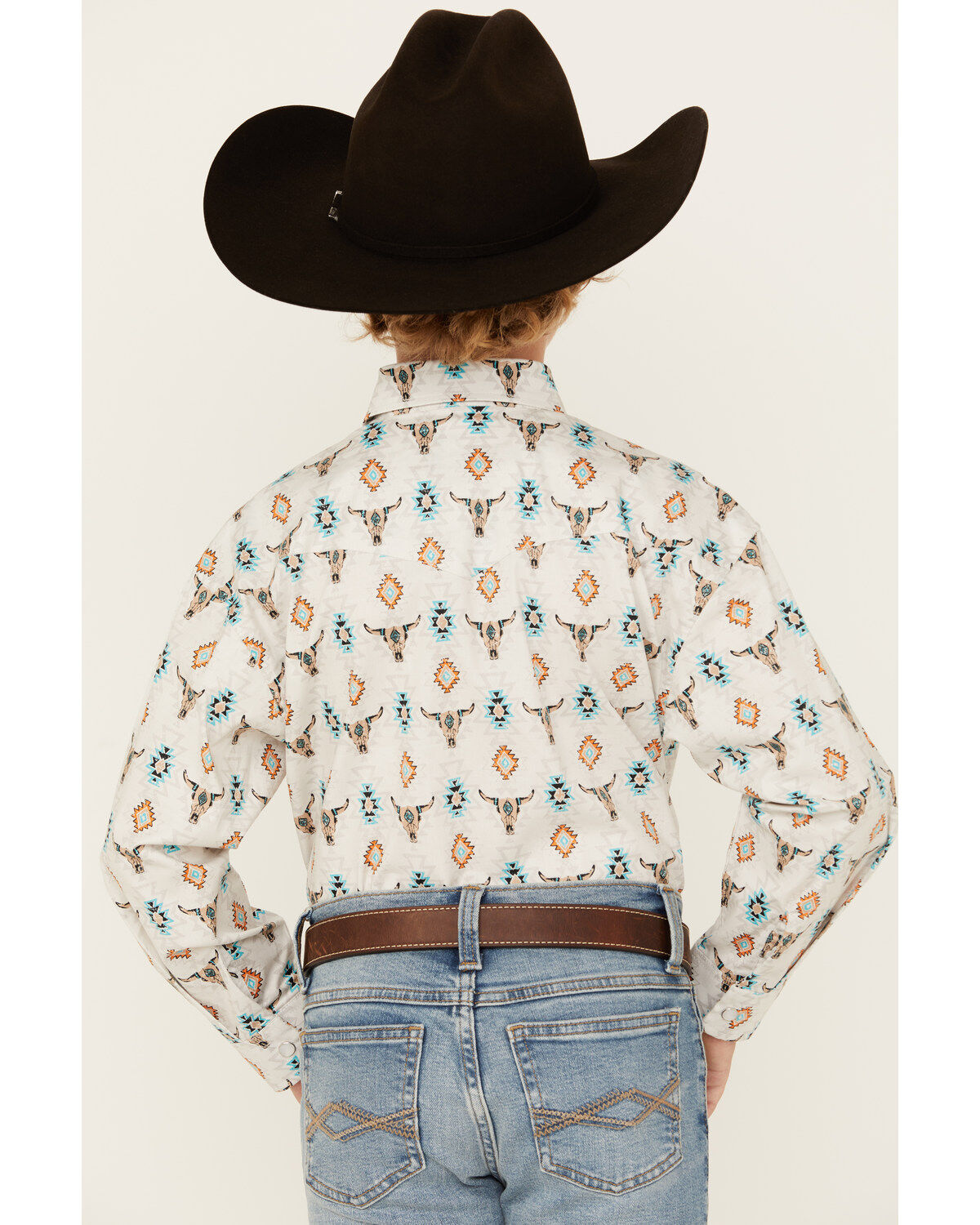 Rock & Roll Denim Boys' Steer Head Southwestern Print Long Sleeve Pearl Snap Stretch Western Shirt