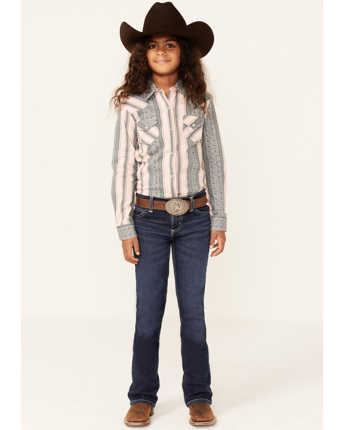 Cruel Girl Girls' Medallion Stripe Long Sleeve Snap Western Shirt