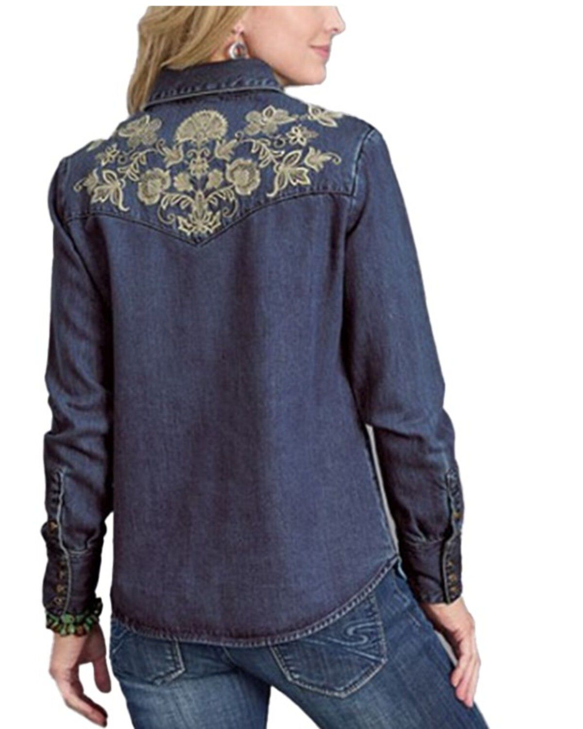 Stetson Women's Floral Embroidered Long Sleeve Snap Denim Shirt