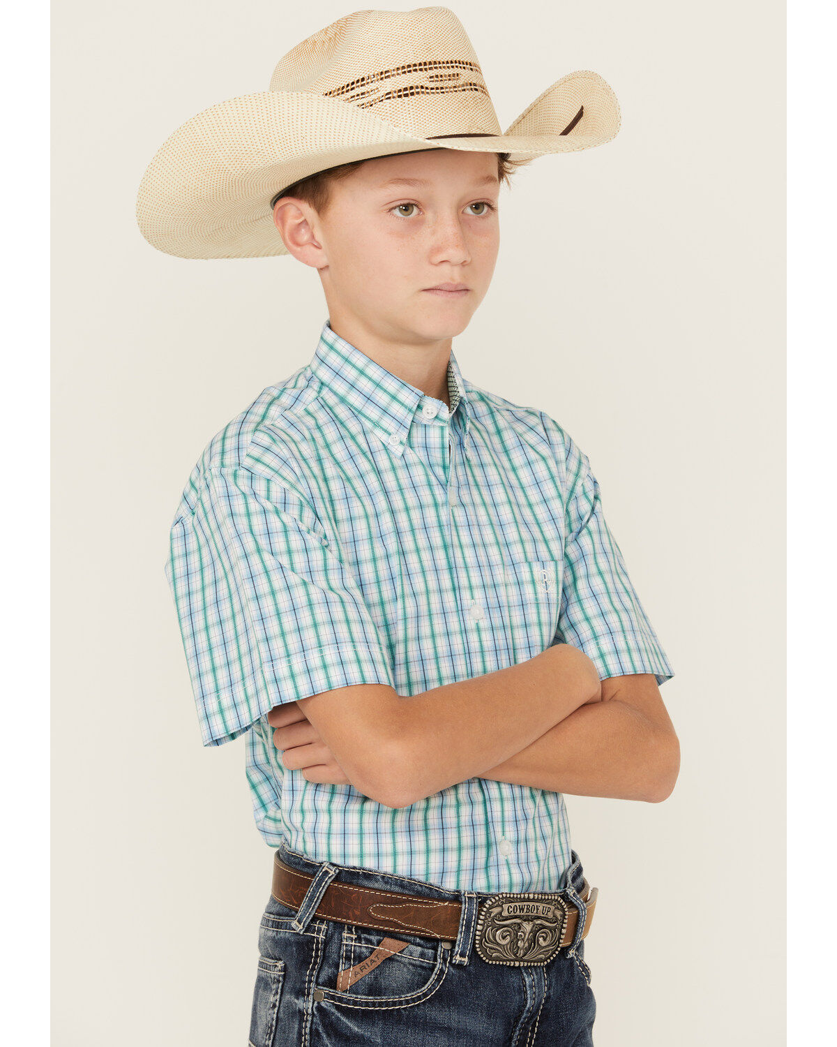 Panhandle Boys' Plaid Print Short Sleeve Button-Down Western Shirt