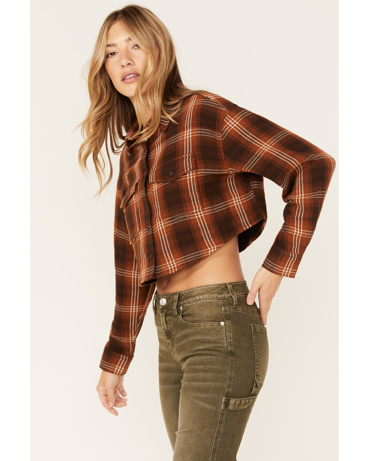 Cleo + Wolf Women's Plaid Print Cropped Shirt