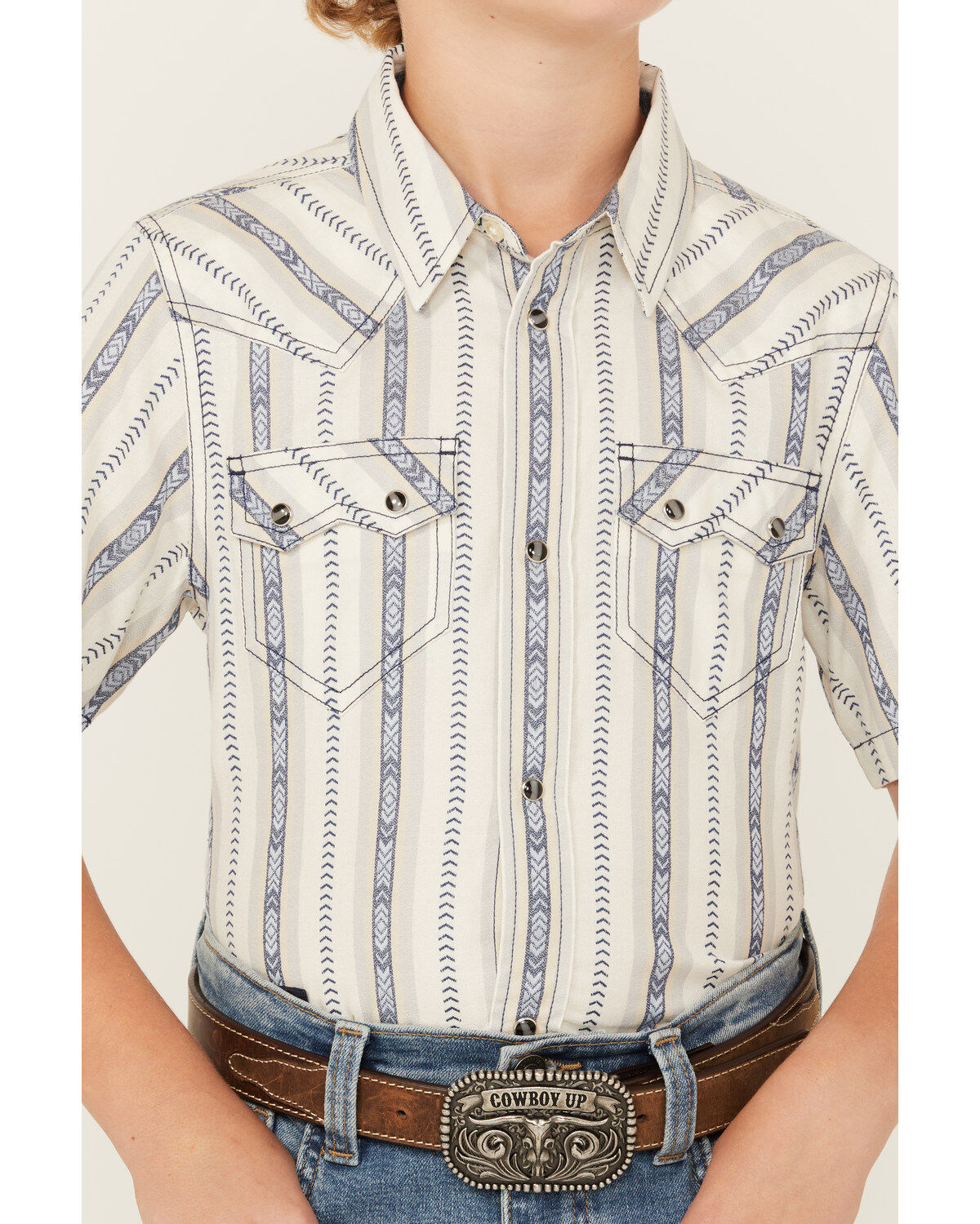 Cody James Boys' Southwestern Dobby Striped Short Sleeve Snap Western Shirt