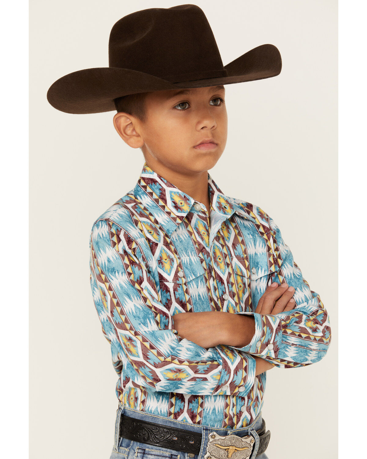 Wrangler Boys' Checotah Southwestern Striped Long Sleeve Pearl Snap Western Shirt