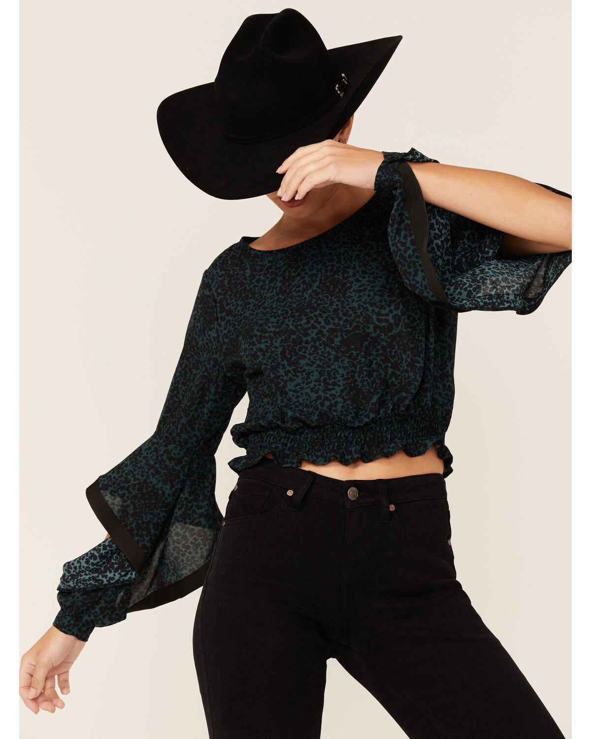 Shyanne Women's Dark Green Animal Print Bell Sleeve Crop Top