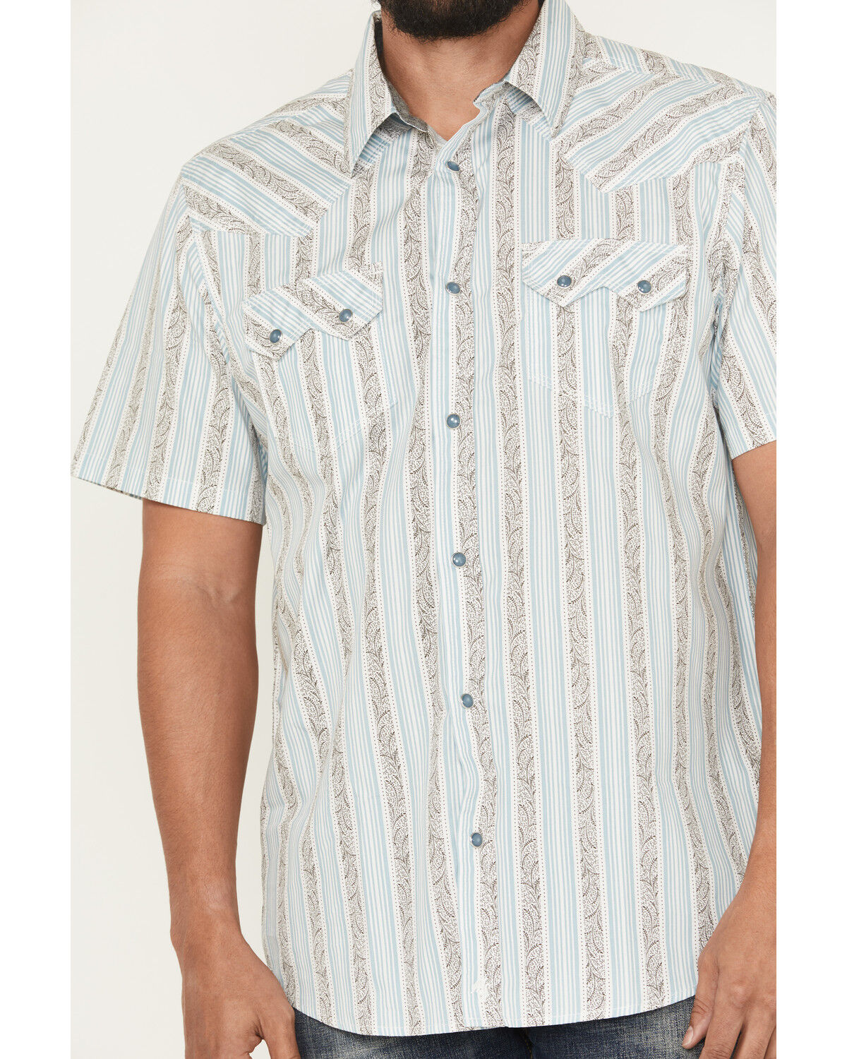 Moonshine Spirit Men's Hula Girl Floral Striped Print Short Sleeve Snap Western Shirt