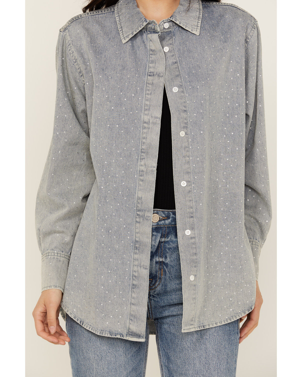 Blue B Women's Light Wash Rhinestone Long Sleeve Button-Down Denim Shirt
