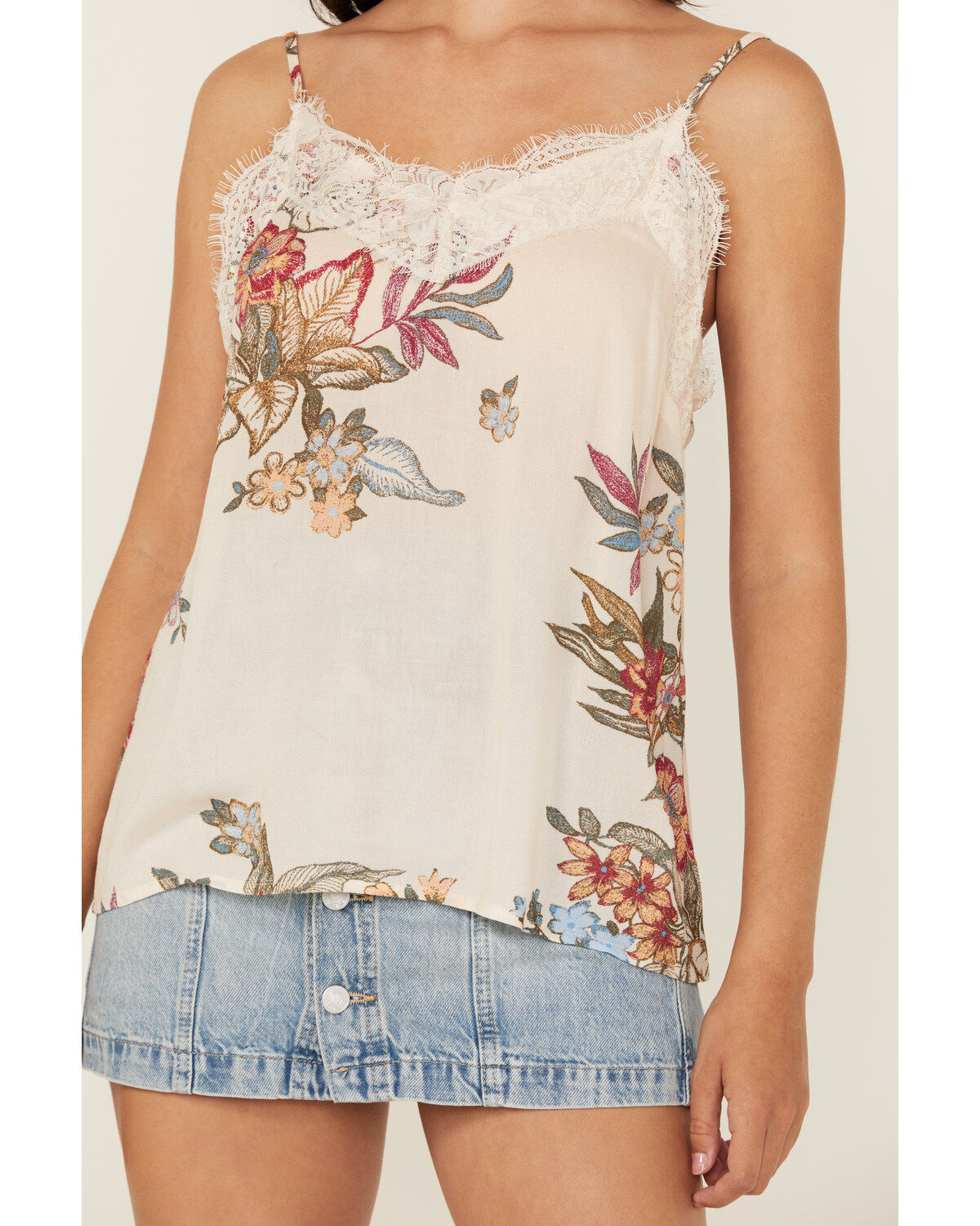 Wild Moss Women's Floral Print Lace Trim Cami Tank Top