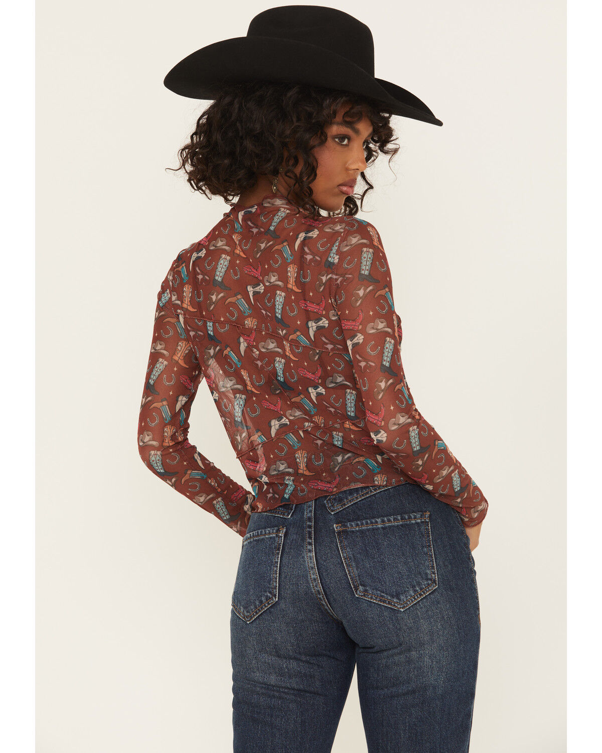 Rock & Roll Denim Women's Cowboy Boot Mesh Long Sleeve Shirt