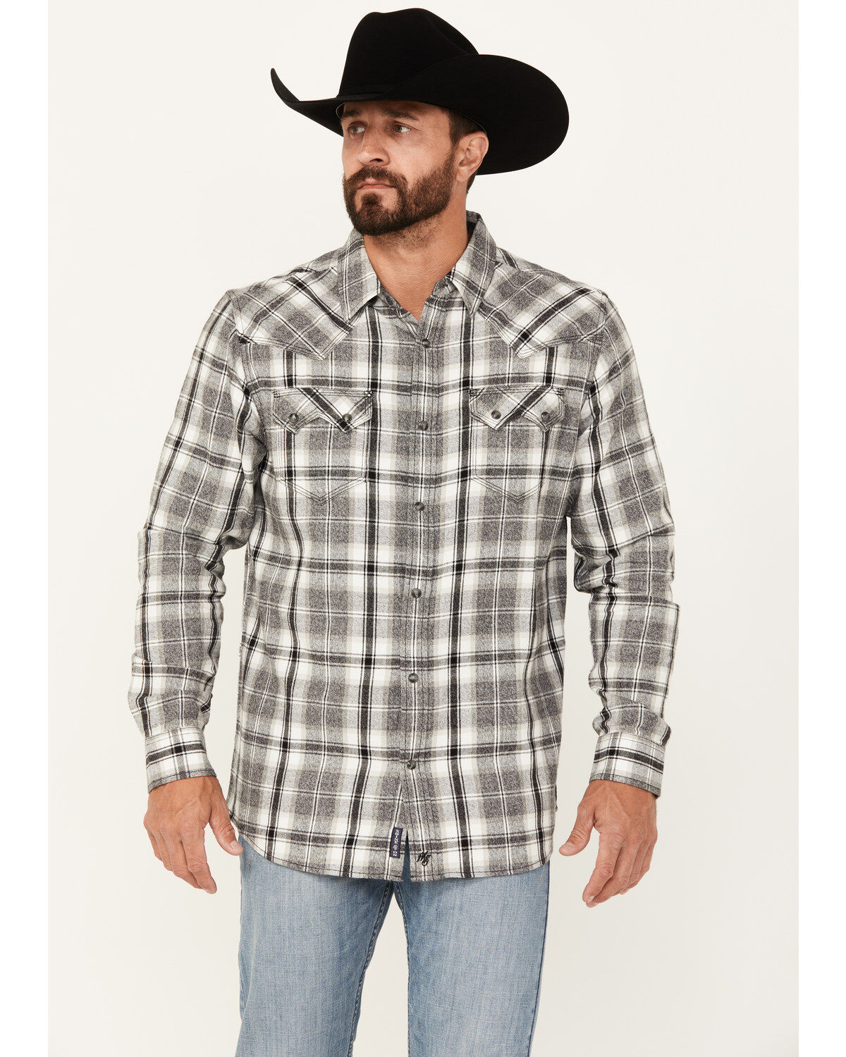 Moonshine Spirt Men's Gray Cloud Plaid Print Long Sleeve Snap Western Shirt