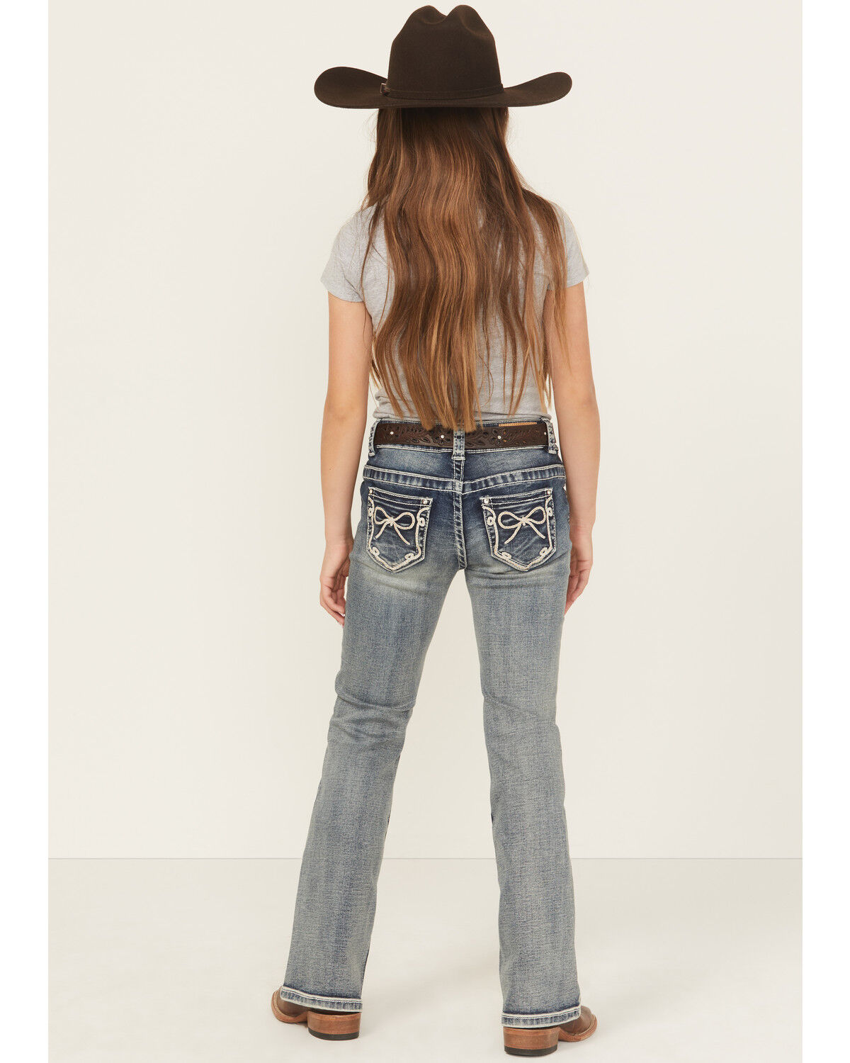 Shyanne Girls' Washed Bow Pocket Bootcut Stretch Denim Jeans