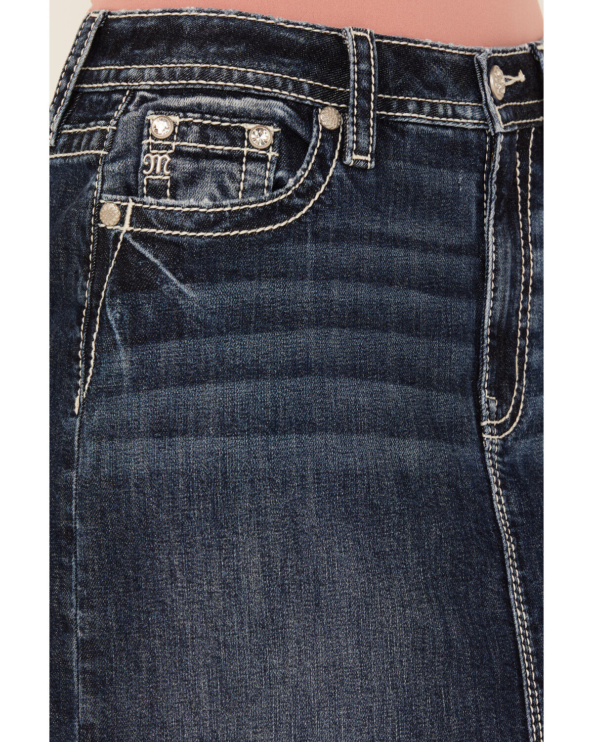 Miss Me Women's Dark Wash Embroidered Pocket Stretch Denim Maxi Skirt