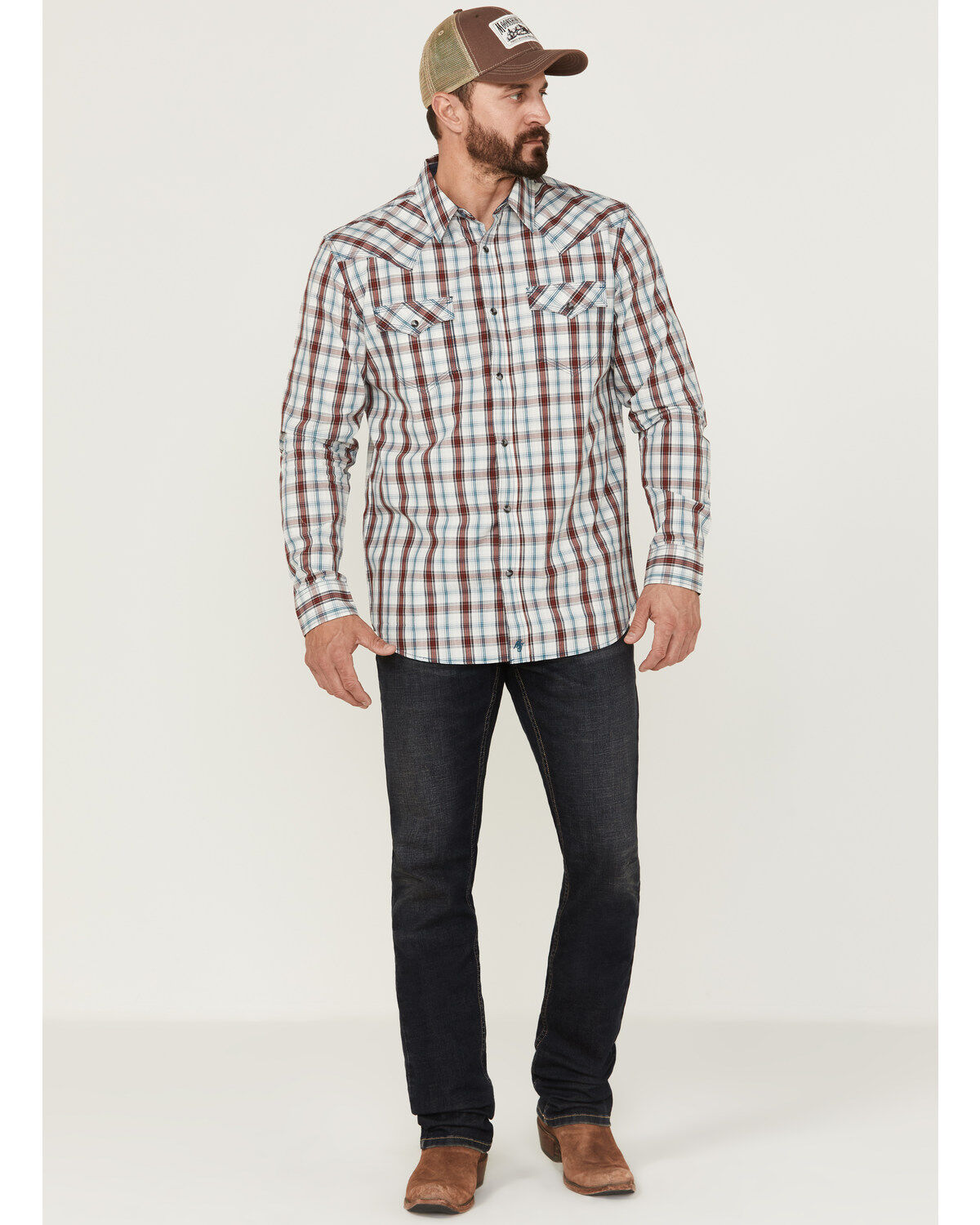 Moonshine Spirit Men's Burning Man Plaid Long Sleeve Snap Western Shirt