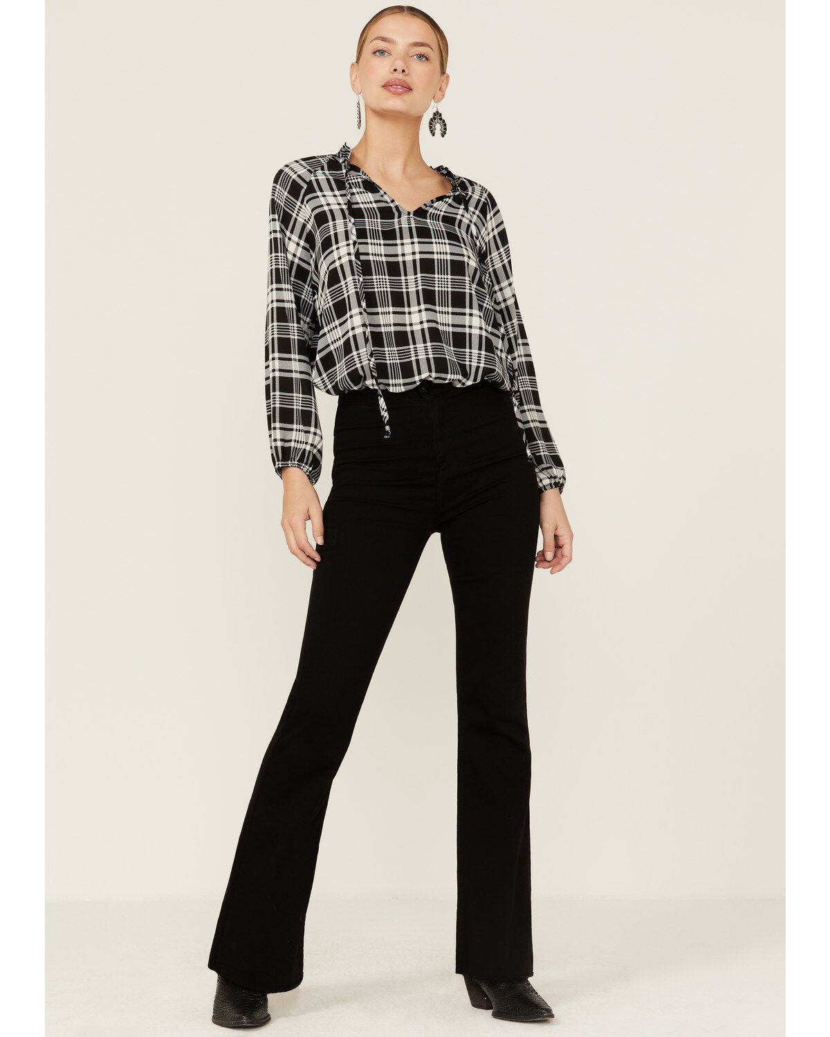 Wild Moss Women's Long Sleeve Tie Neck Peasant Blouse