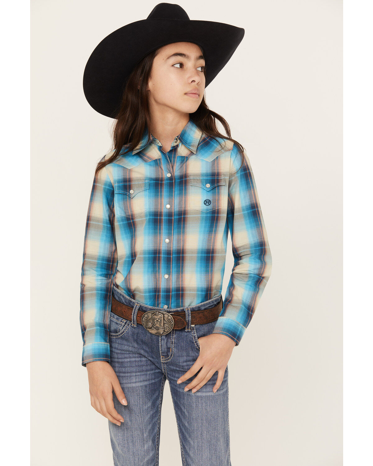 Roper Girls' Plaid Print Long Sleeve Pearl Snap Western Shirt