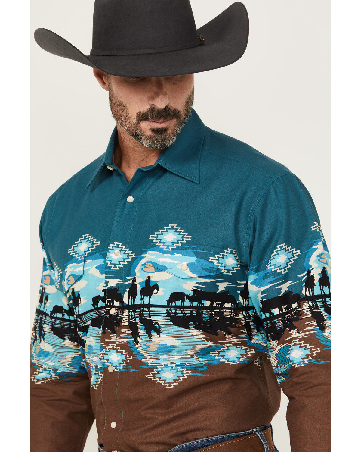 Panhandle Men's Cowboys Southwestern Print Border Long Sleeve Snap Western Shirt