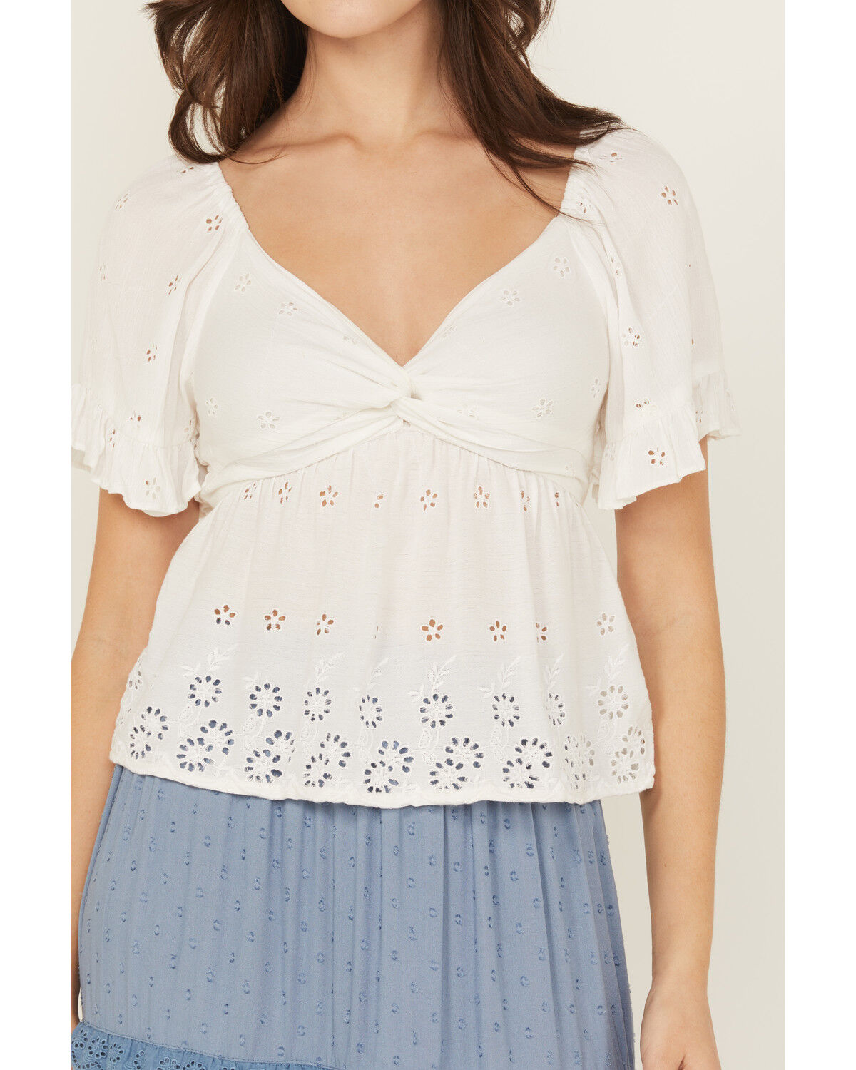 Angie Women's Eyelet Short Puff Sleeve Shirt