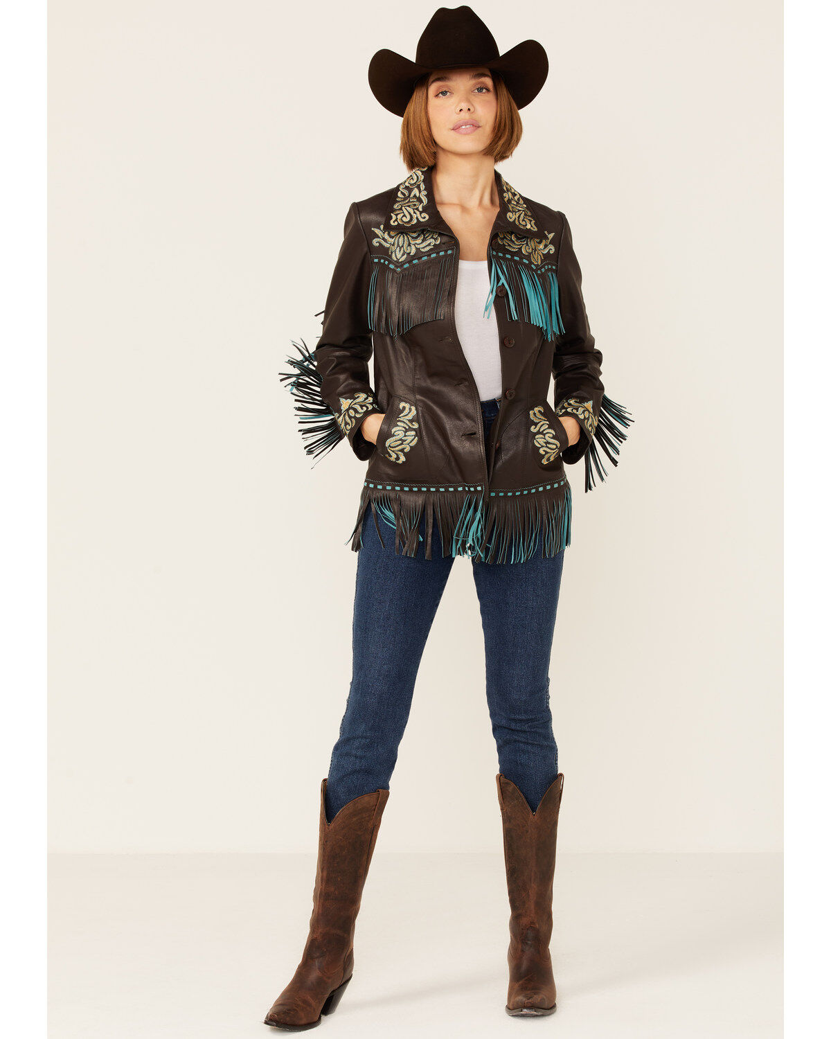 Scully Women's Brown & Turquoise Embroidered Yoke & Fringe Suede Leather Jacket