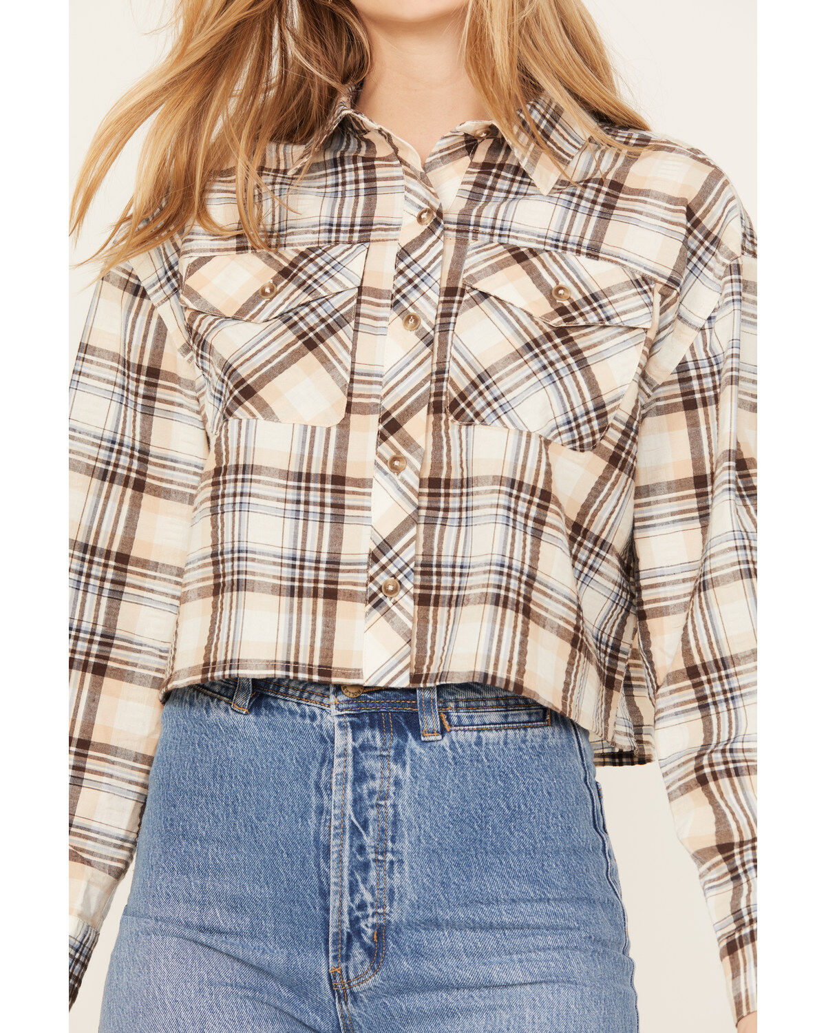 Cleo + Wolf Women's Plaid Print Cropped Shirt