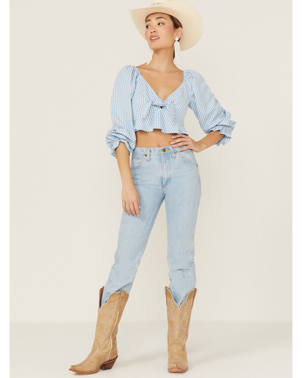 Beyond The Radar Women's Gingham Tie Front Crop Blouse